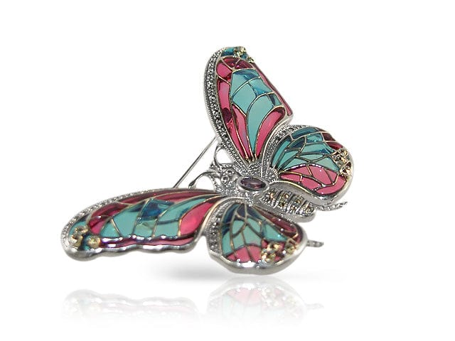 26661 Art Nouveau Style Amethyst, Marcasite & Enamel Butterfly Brooch in Sterling Silver 2