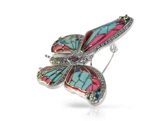 26661 Art Nouveau Style Amethyst, Marcasite & Enamel Butterfly Brooch in Sterling Silver 4
