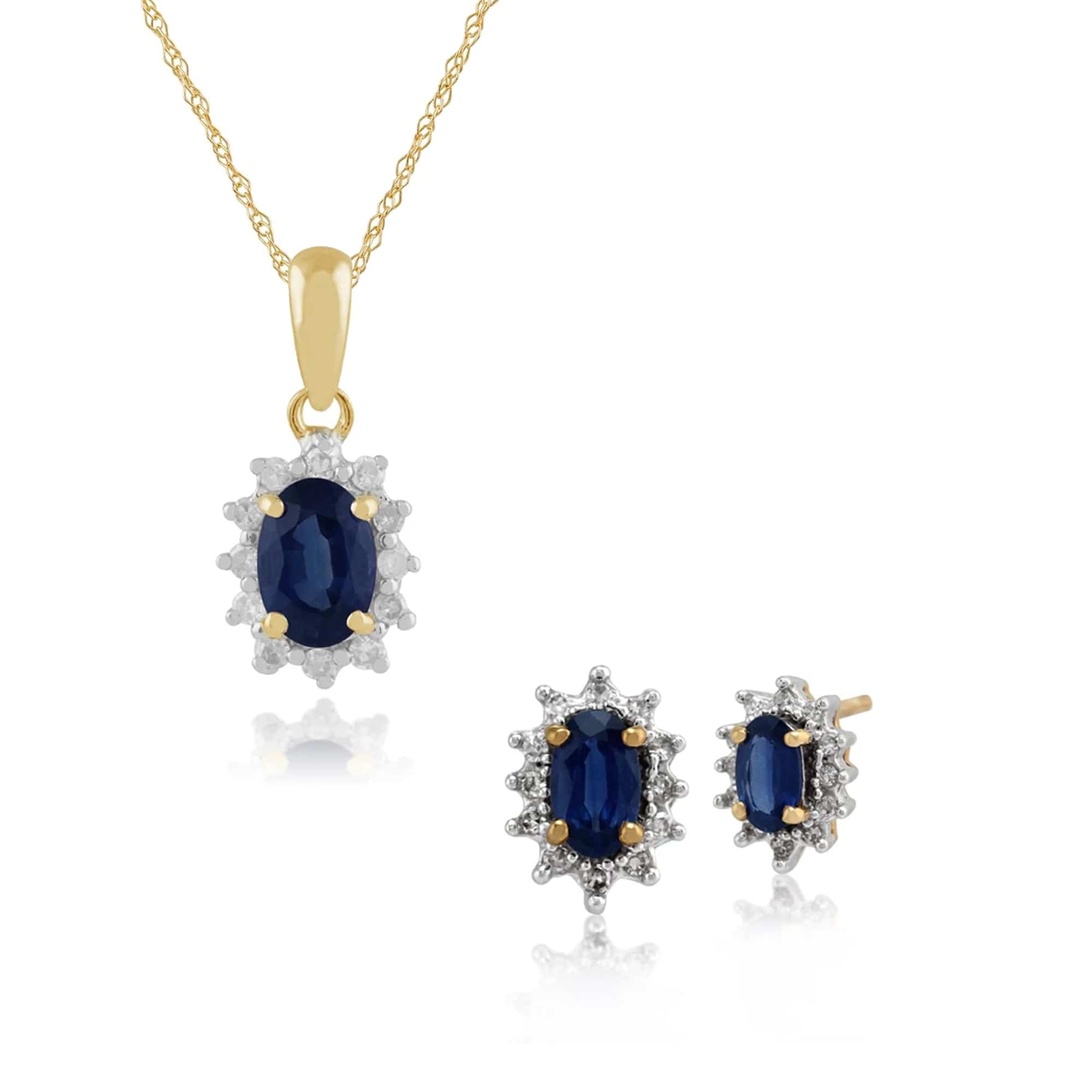 Classic Oval Sapphire & Diamond Halo Stud Earrings & Pendant Set in 9ct Yellow Gold - Gemondo