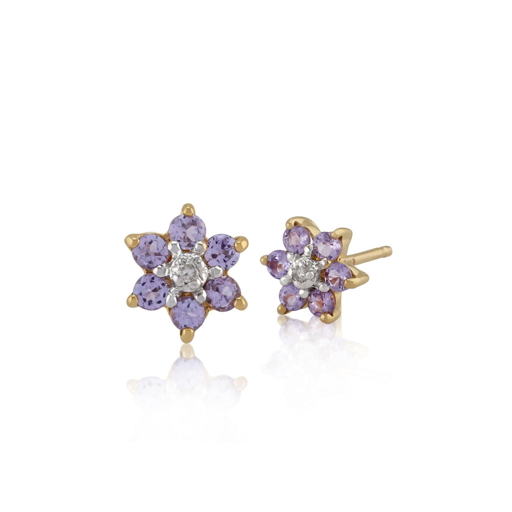 Floral Round Tanzanite & Diamond Cluster Stud Earrings 9ct Yellow Gold