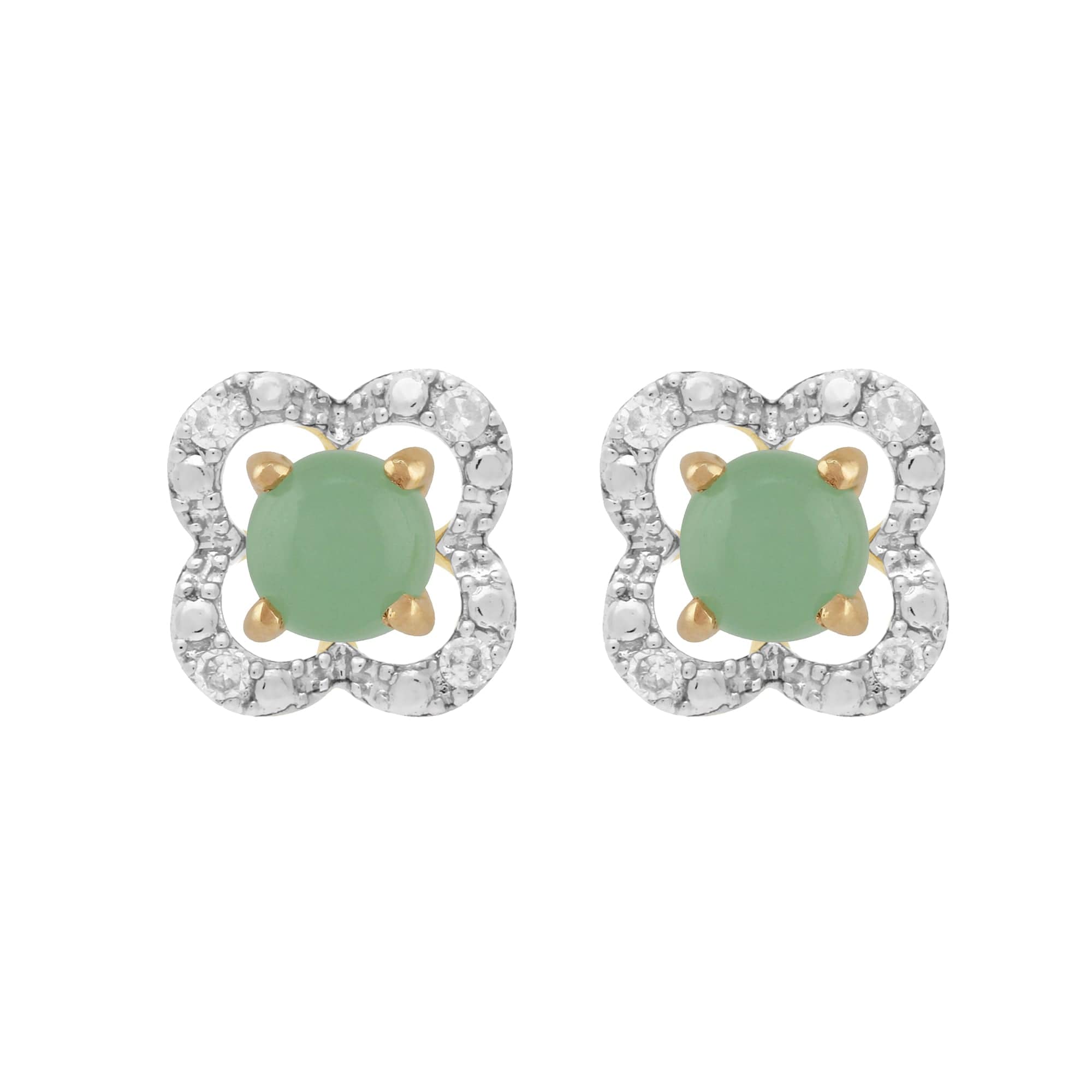 26943-191E0375019 Classic Round Jade Stud Earrings with Detachable Diamond Floral Ear Jacket in 9ct Yellow Gold 1