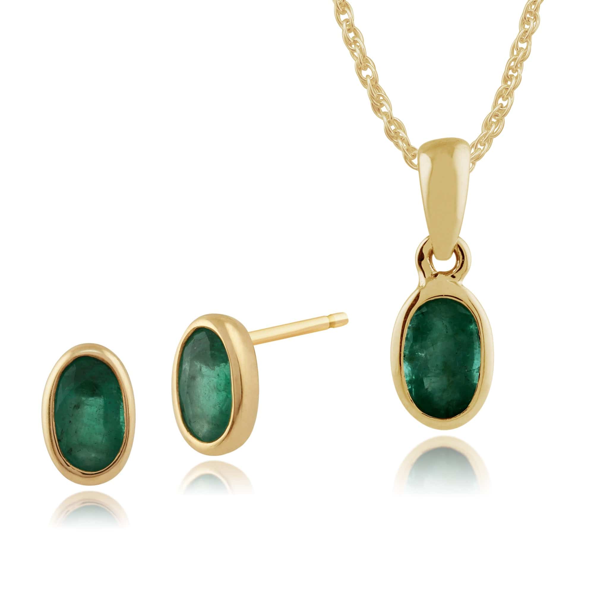 183P1120019-26947 Classic Oval Emerald Single Stone Bezel Stud Earrings & Pendant Set in 9ct Yellow Gold 1
