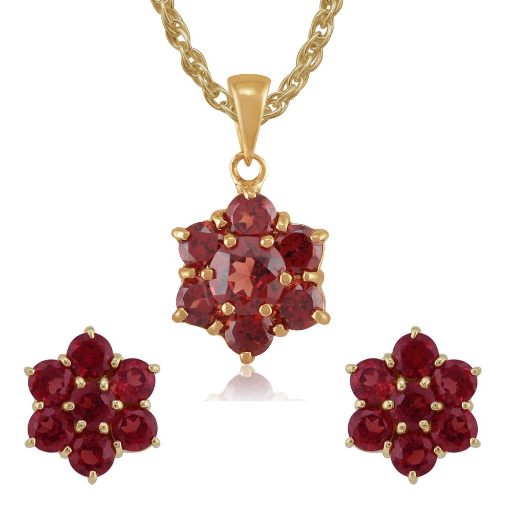 Floral Garnet Cluster Stud Earrings & Pendant Set Image 1