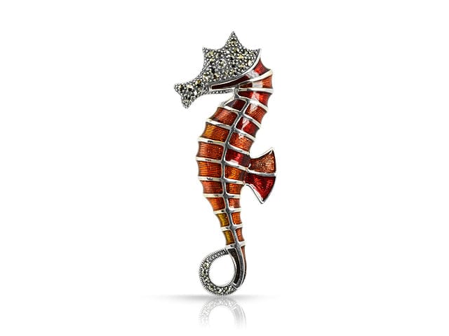 Art Nouveau Style Marcasite & Red Enamel Seahorse Brooch in 925 Sterling Silver - Gemondo