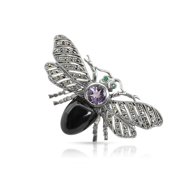 Art Nouveau Style Round Amethyst Onyx & Marcasite Insect Brooch in 925 Sterling Silver - Gemondo