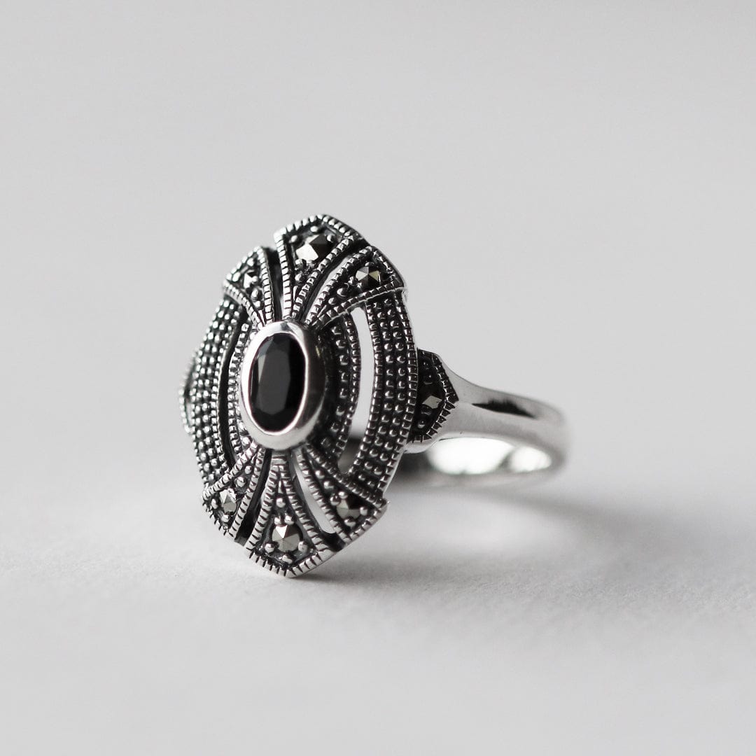 Art Deco Style Oval Black Onyx & Marcasite Cocktail Ring in 925 Sterling Silver - Gemondo