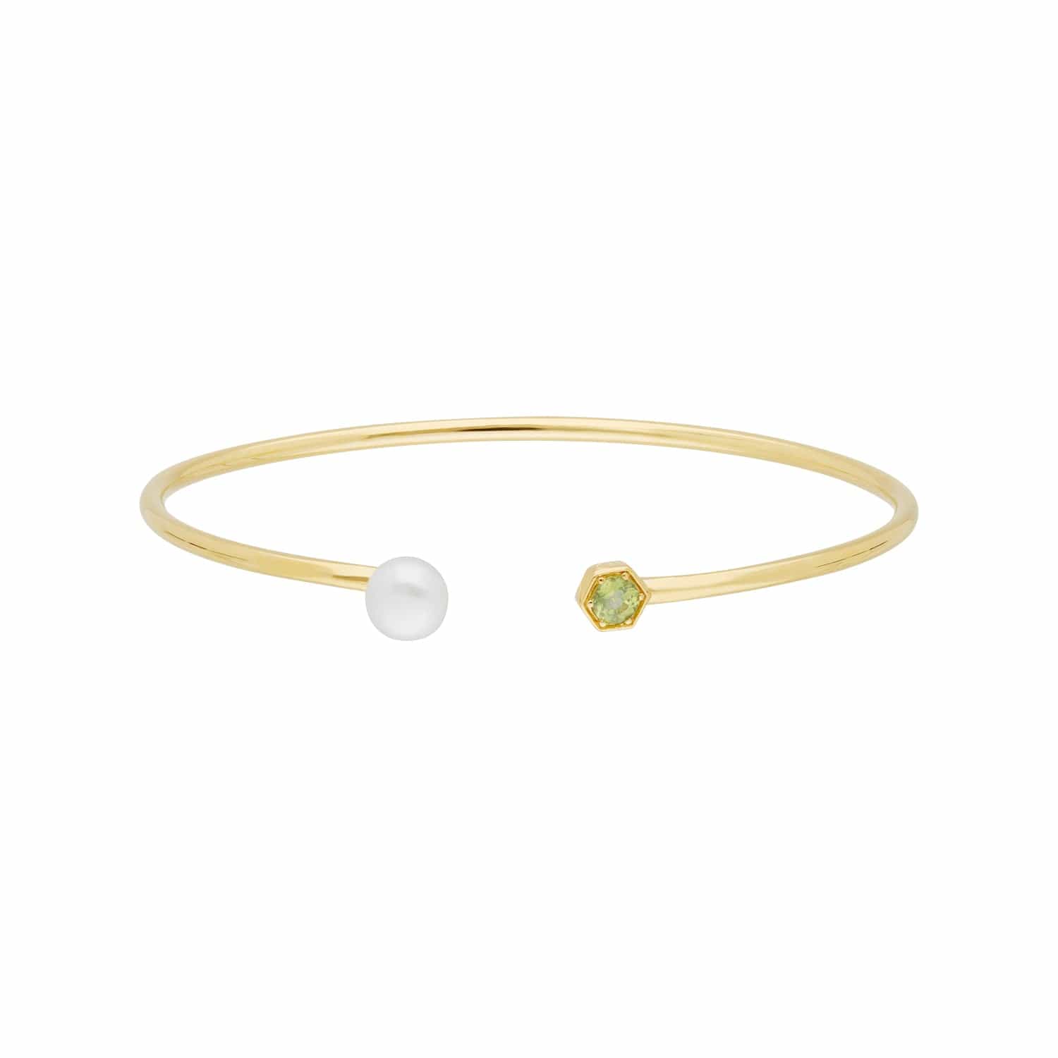 270B009301925 Geometric Pearl & Peridot Open Bangle in Gold Plated Silver 1