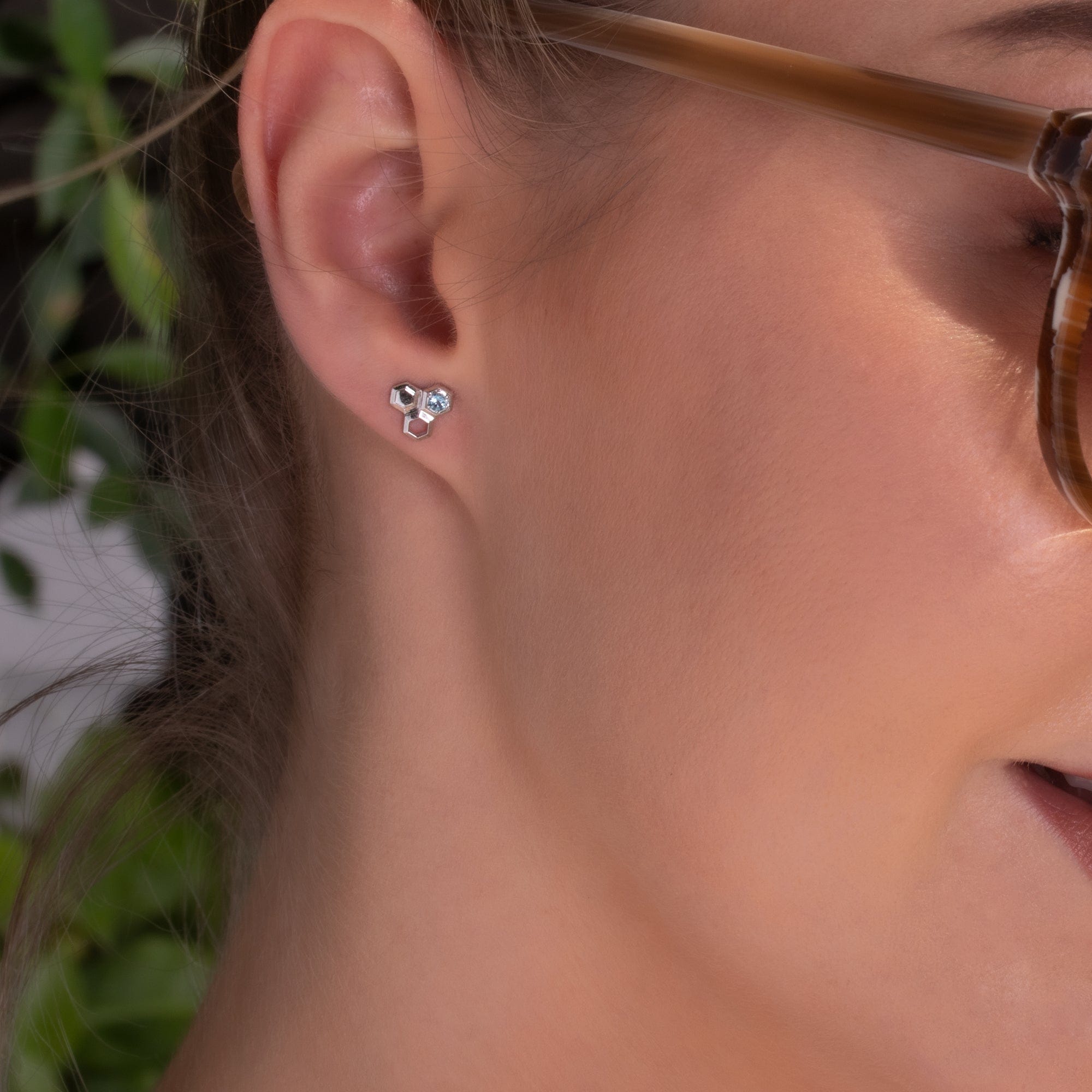 Gemondo Honeycomb Inspired Blue Topaz Sterling Silver Stud Earrings on model