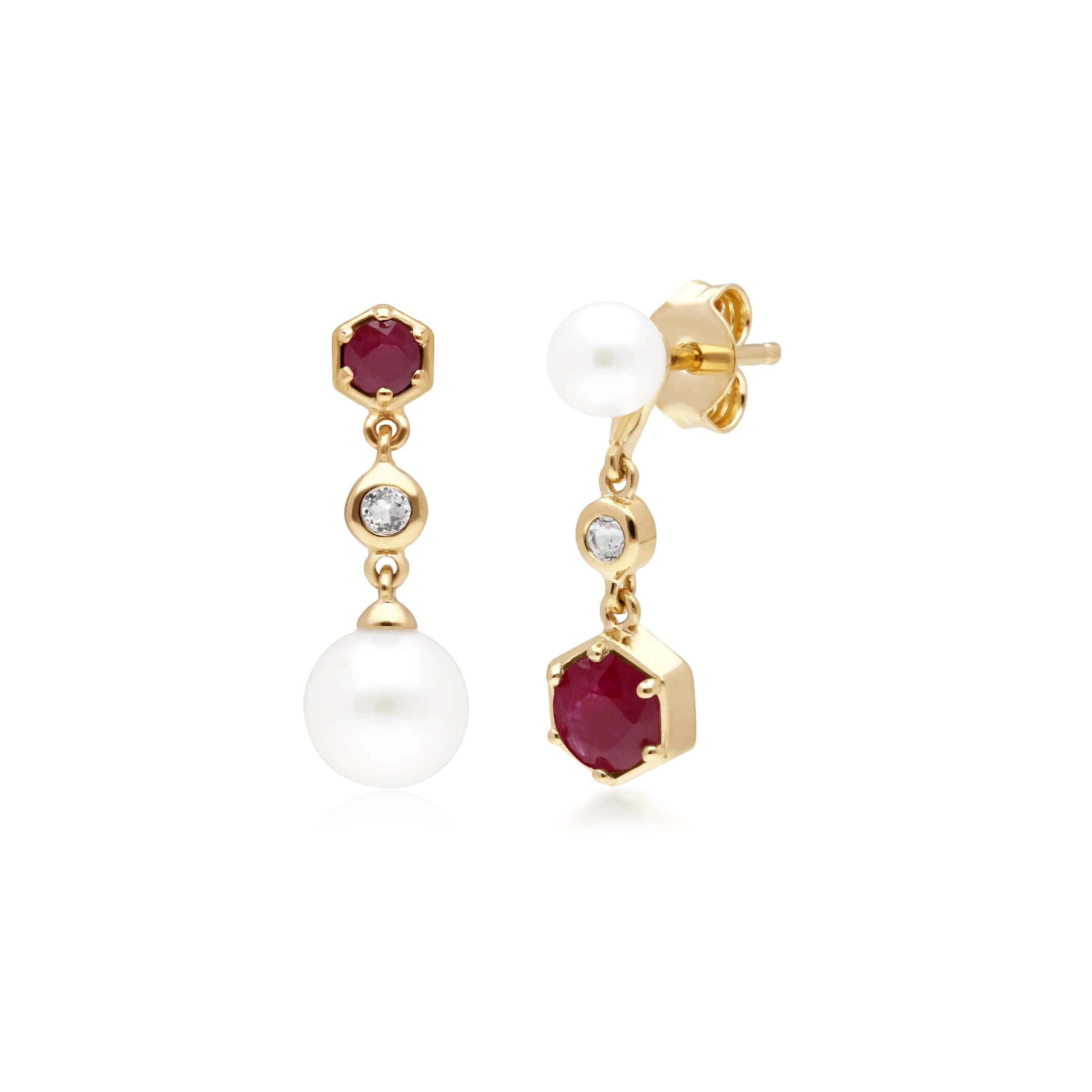 Modern Pearl, Ruby & Topaz Mismatched Drop Earrings in Gold Plated Silver - Gemondo