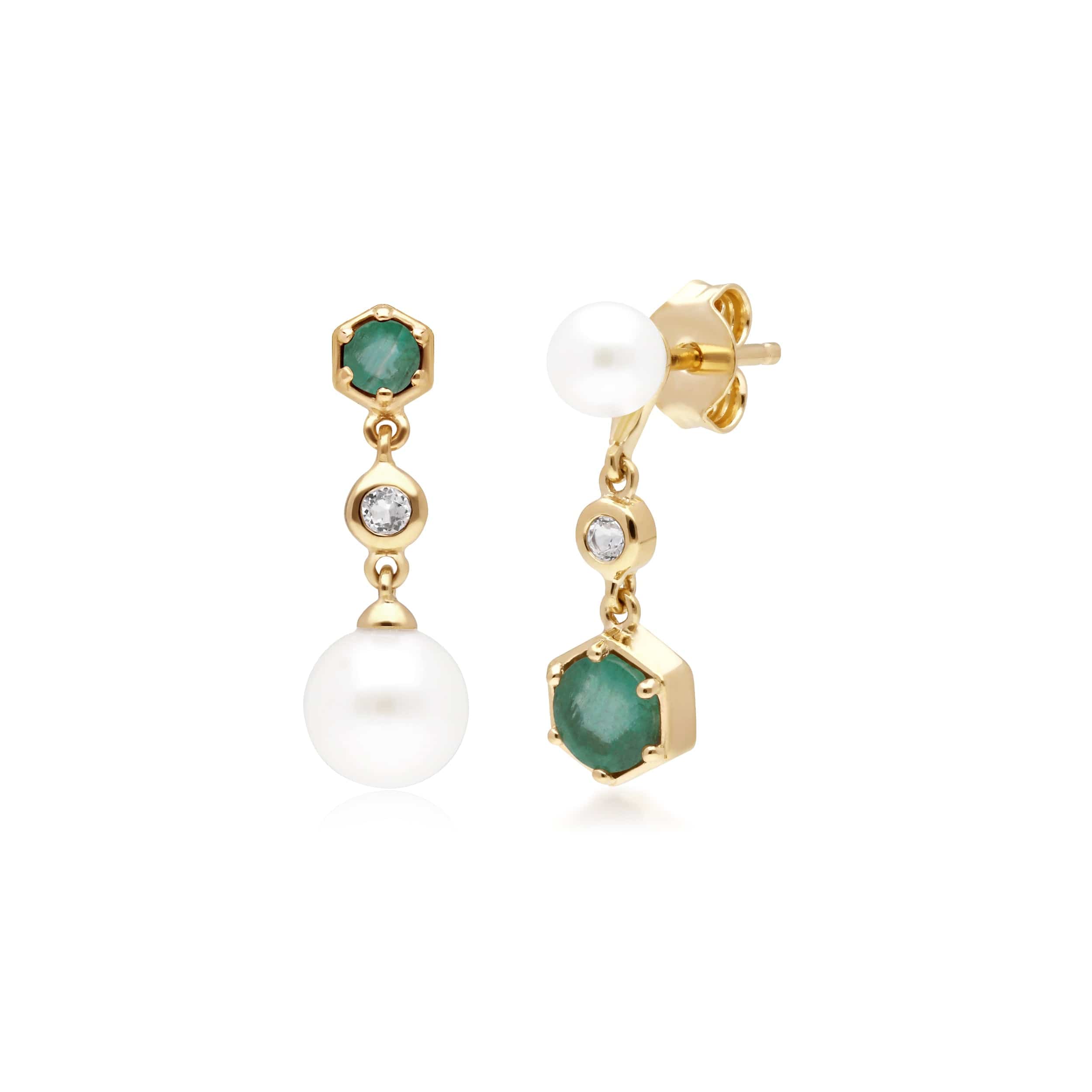 Modern Pearl, Emerald & Topaz Mismatched Drop Earrings in Gold Plated Silver
