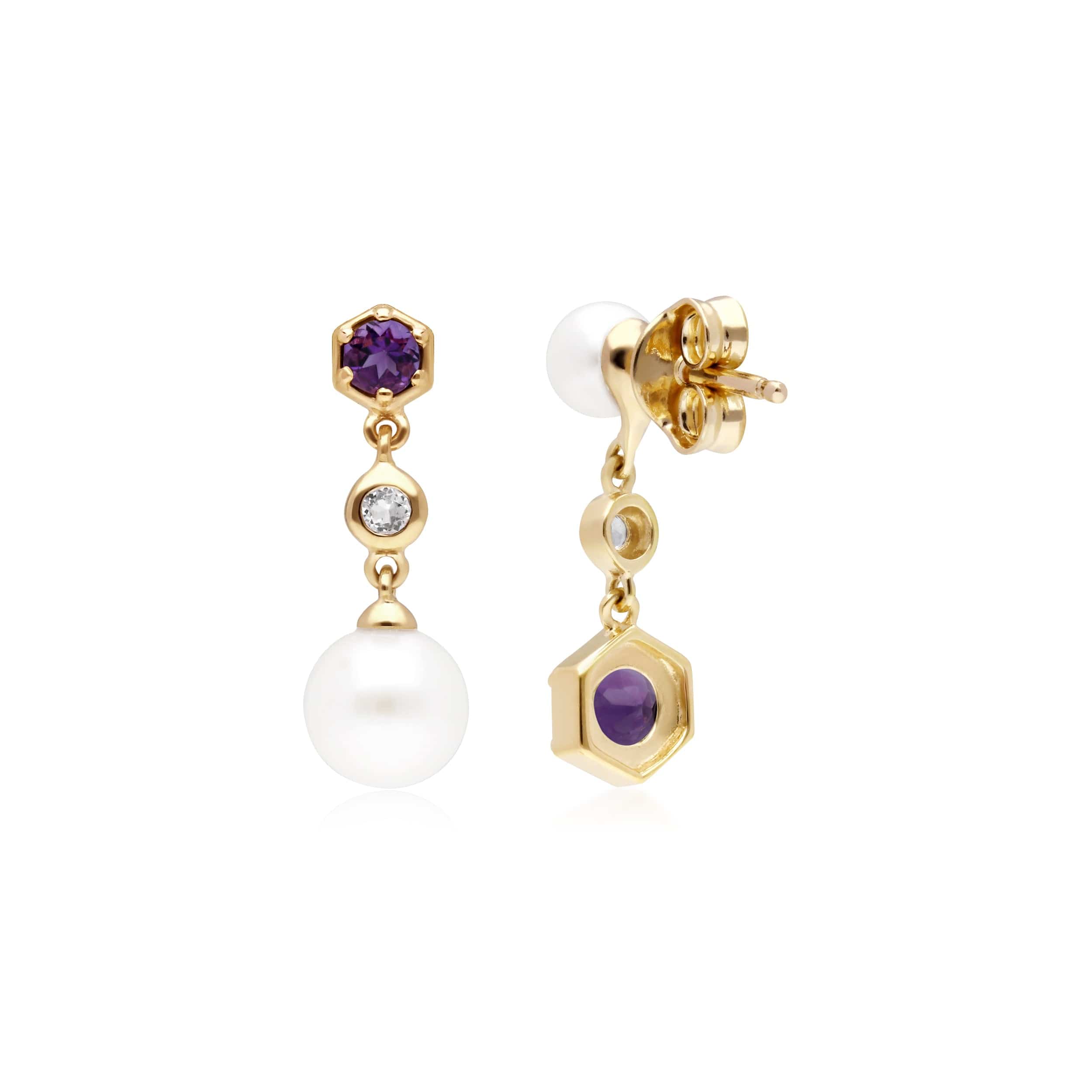 Modern Pearl Amethyst Topaz Mismatched Drop Earrings in Gold