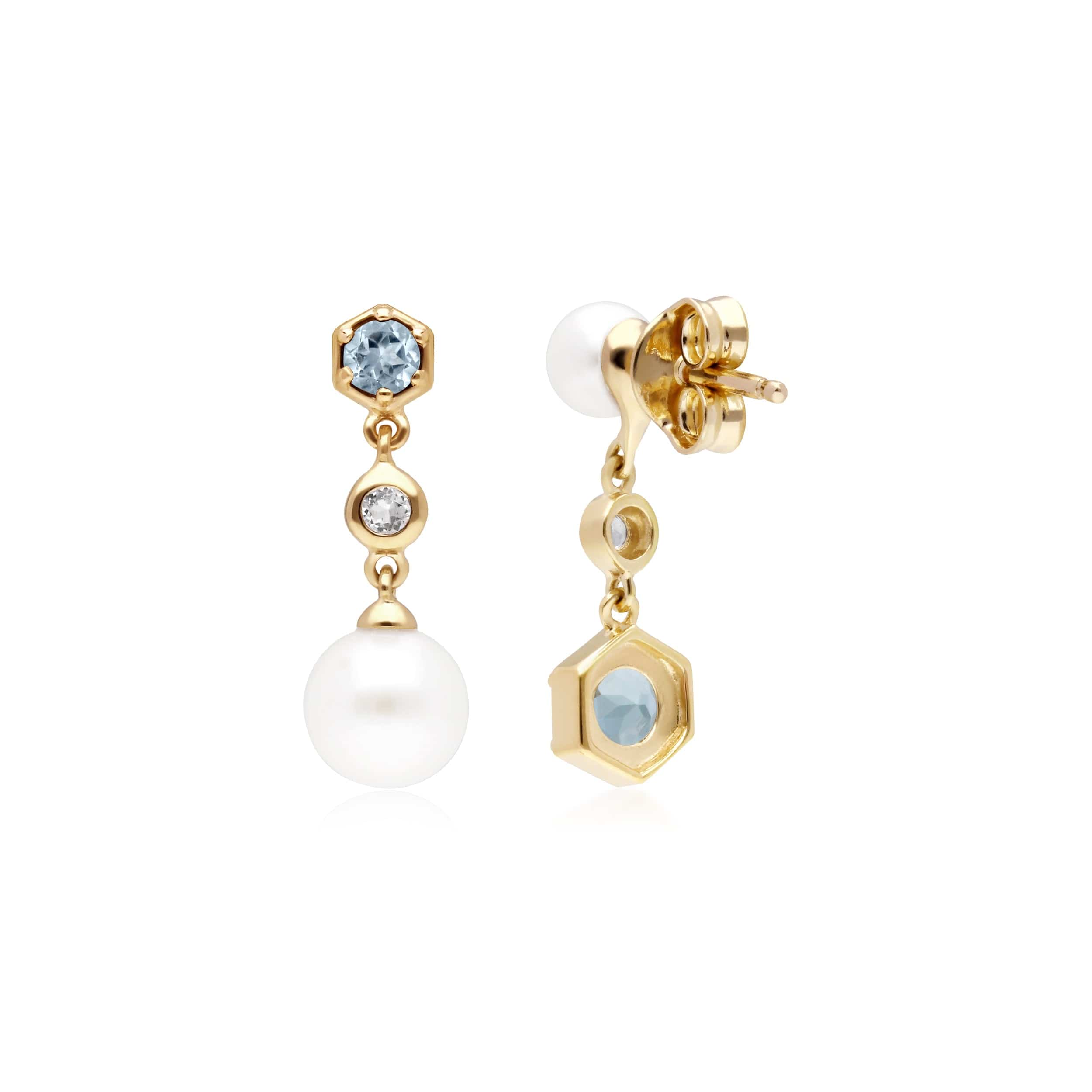 Modern Pearl, Aquamarine & Topaz Mismatched Drop Earrings in Gold Plated Silver - Gemondo
