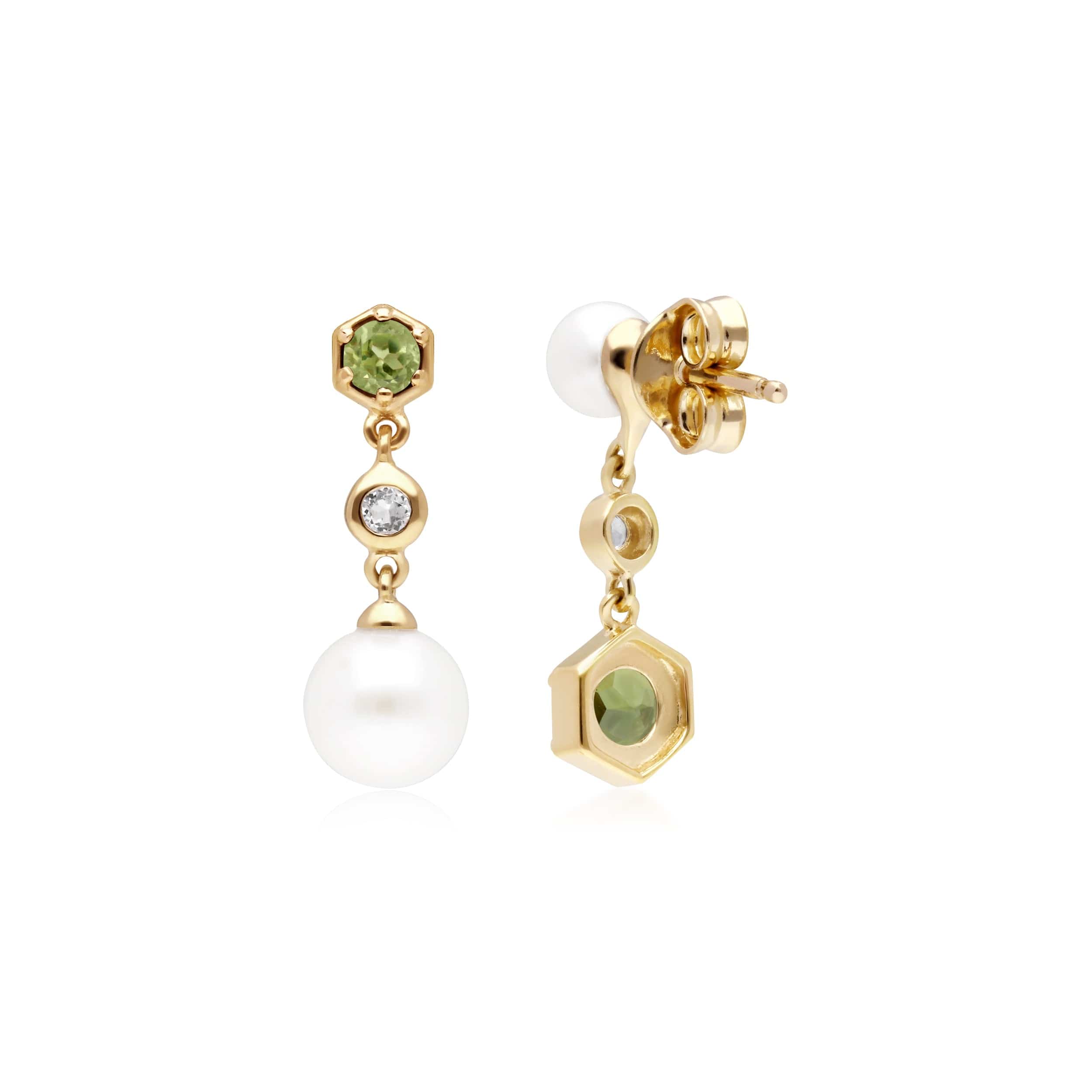 Modern Pearl, Peridot & Topaz Mismatched Drop Earrings in Gold Plated Silver - Gemondo