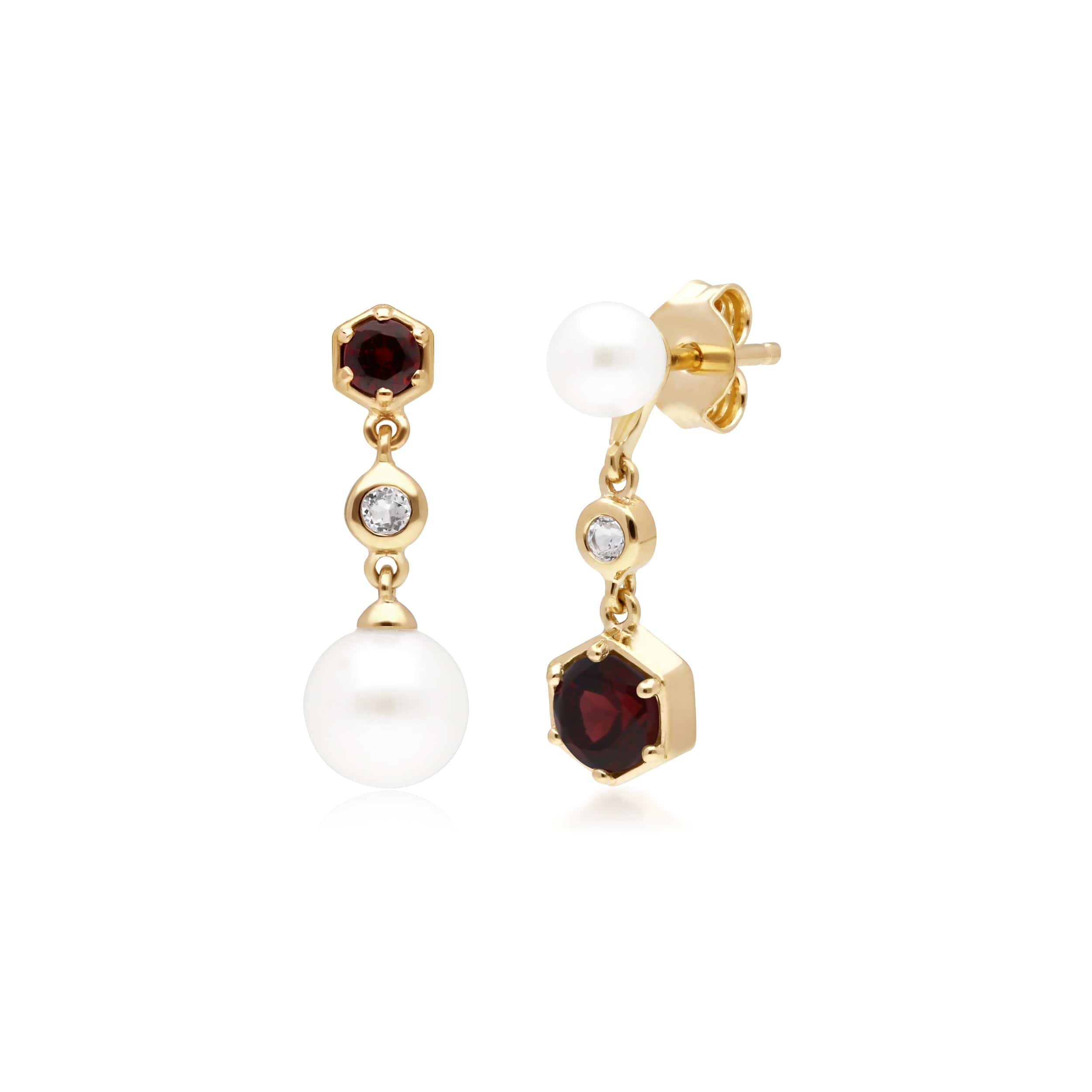 270E030107925 Modern Pearl, Garnet & Topaz Mismatched Drop Earrings in Gold Plated Silver 1