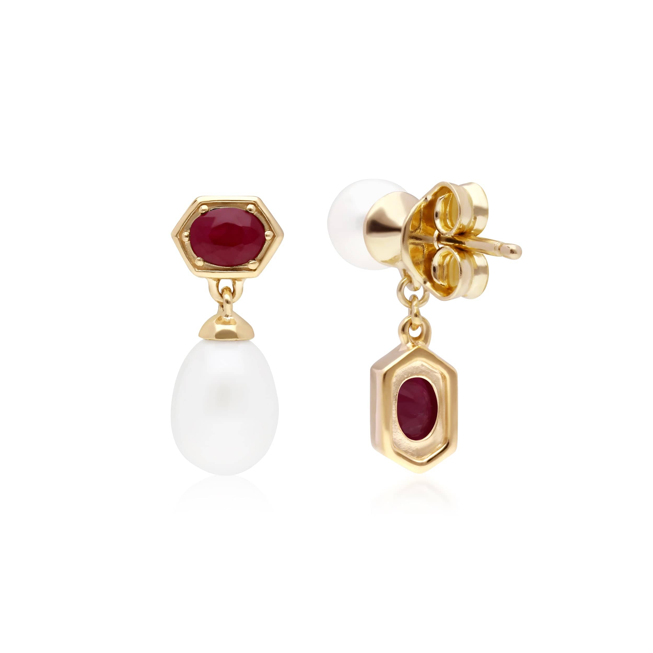 Modern Pearl & Ruby Mismatched Drop Earrings in Gold Plated Silver 1