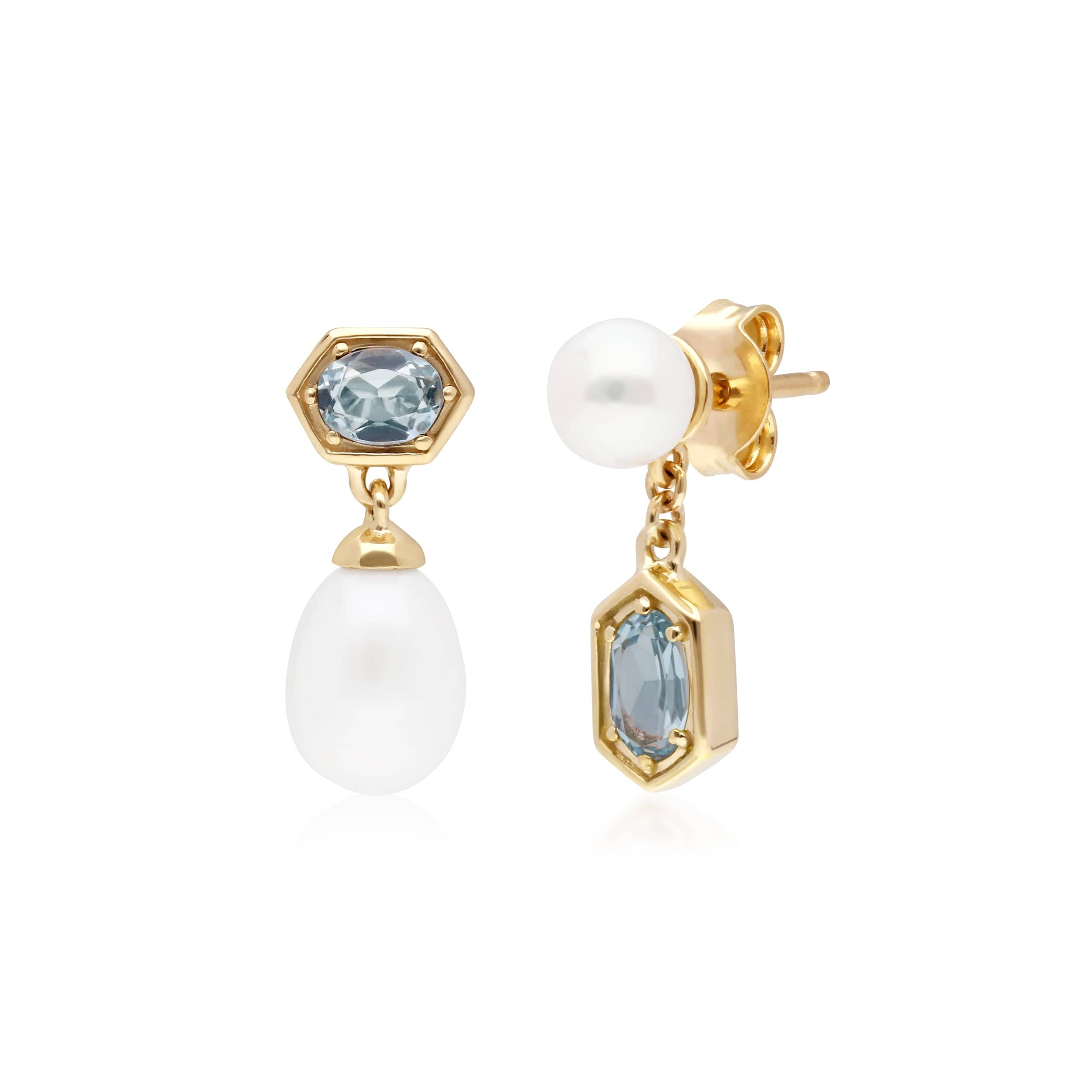 Modern Pearl & Blue Topaz Mismatched Drop Earrings in Gold Plated Silver - Gemondo