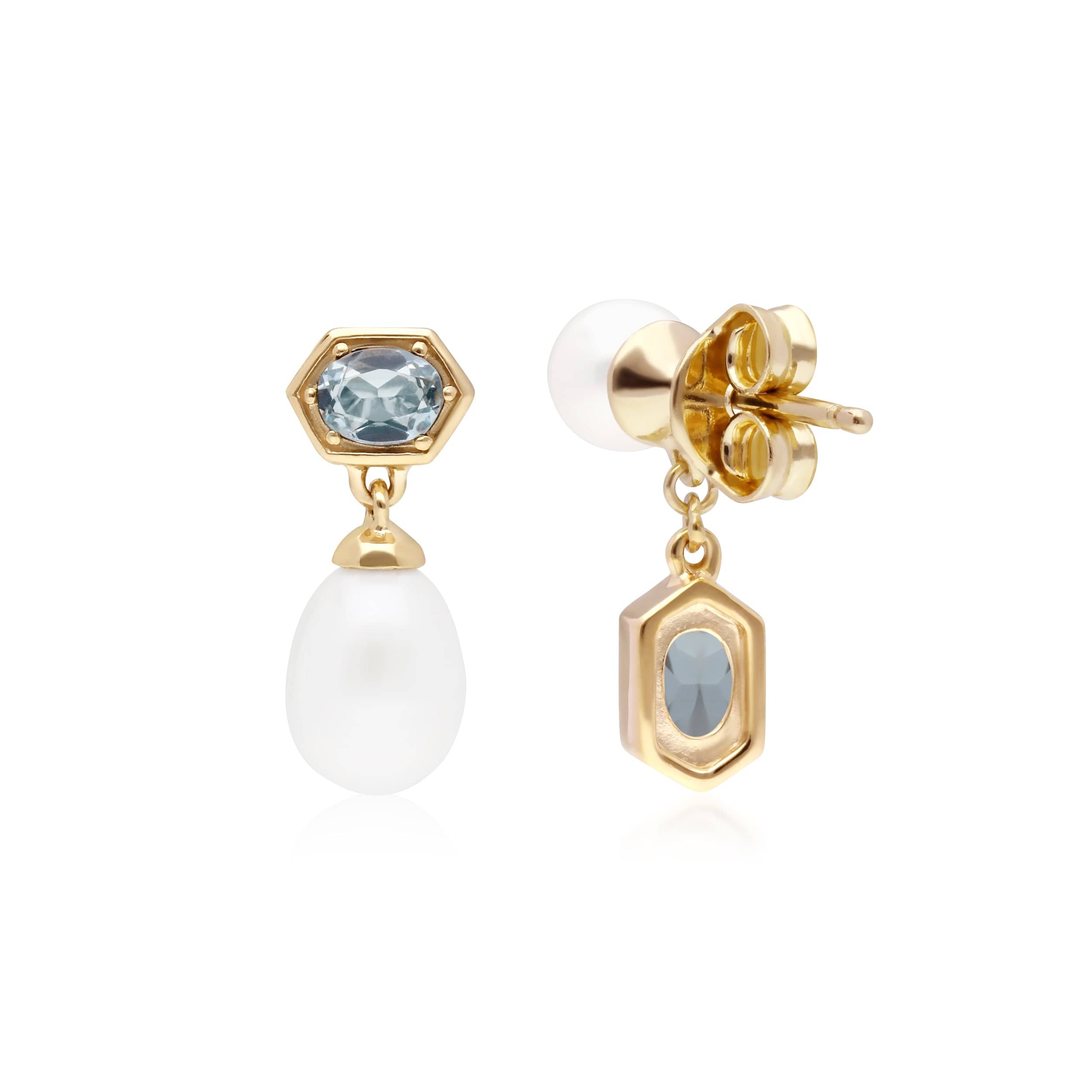 270E030205925 Modern Pearl & Blue Topaz Mismatched Drop Earrings in Gold Plated Silver 3