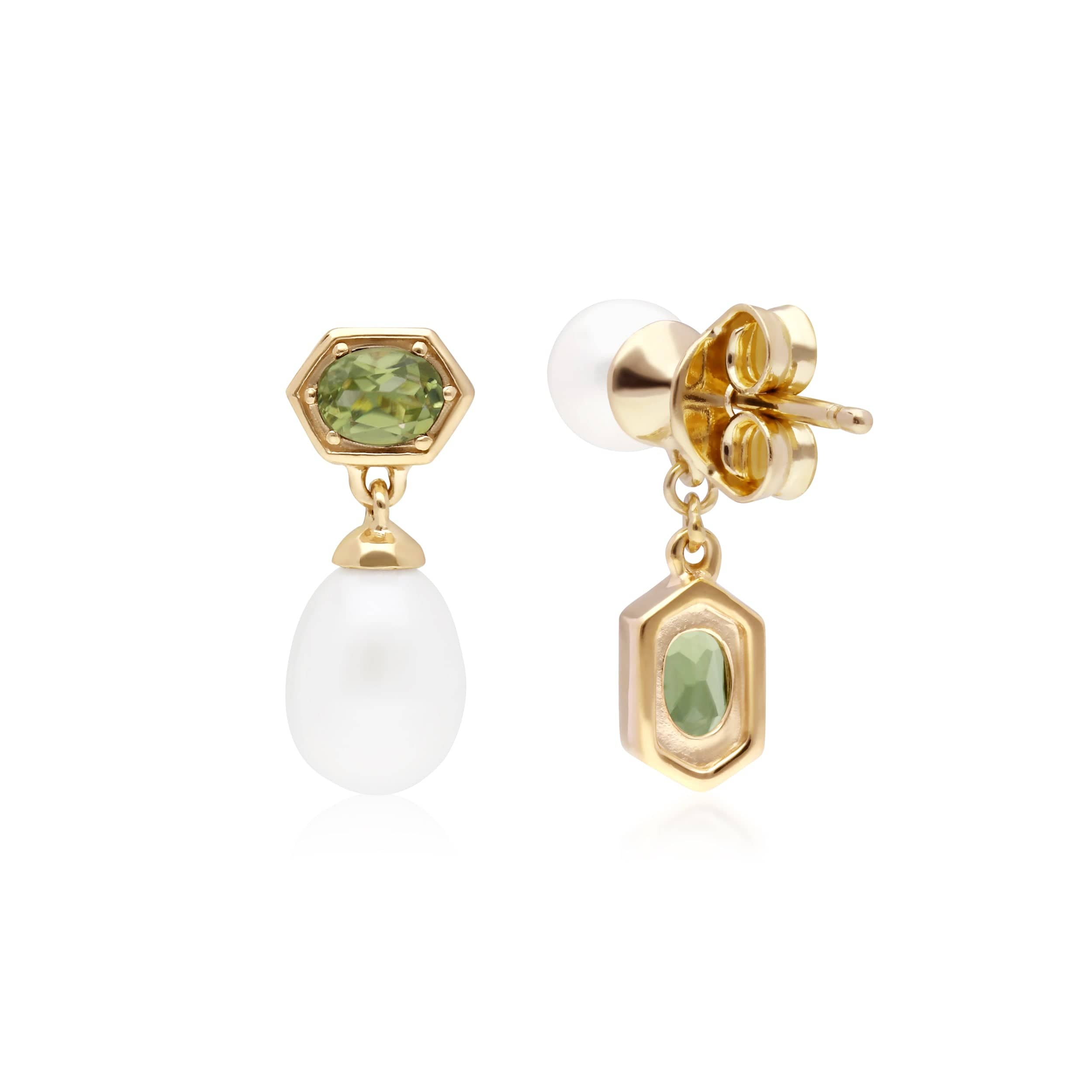 270E030206925 Modern Pearl & Peridot Mismatched Drop Earrings in Gold Plated Silver 3
