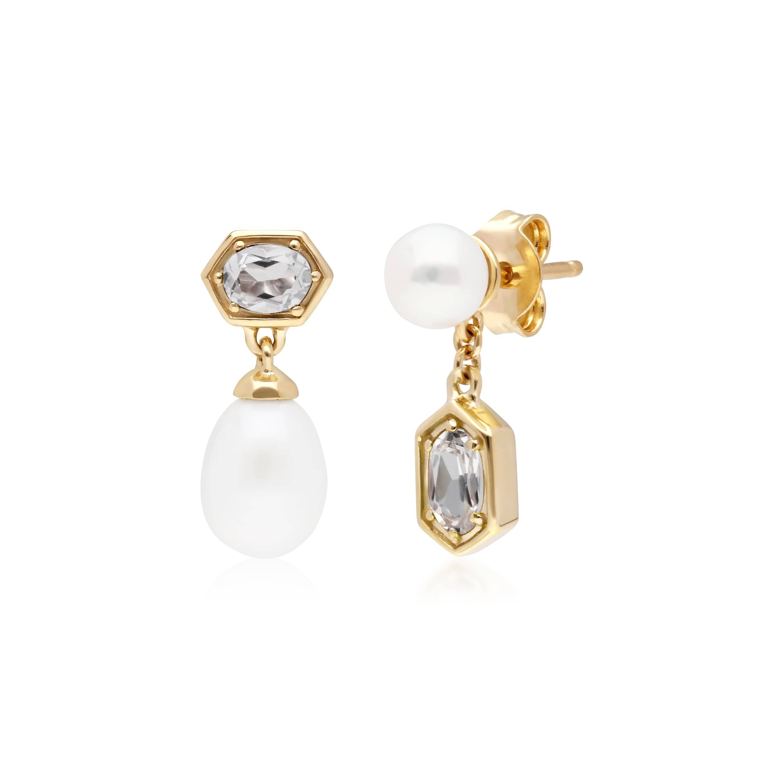 Modern Pearl & White Topaz Mismatched Drop Earrings in Gold Plated Silver - Gemondo