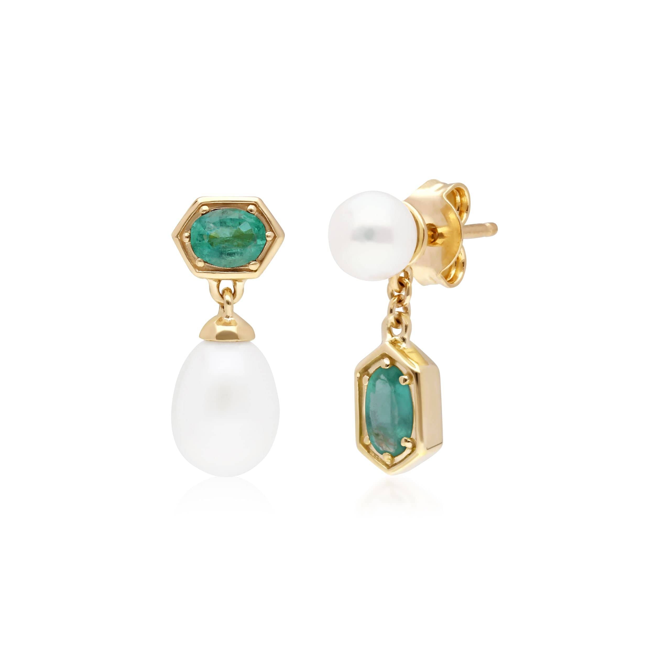 Modern Pearl & Emerald Mismatched Drop Earrings in Gold Plated Silver - Gemondo