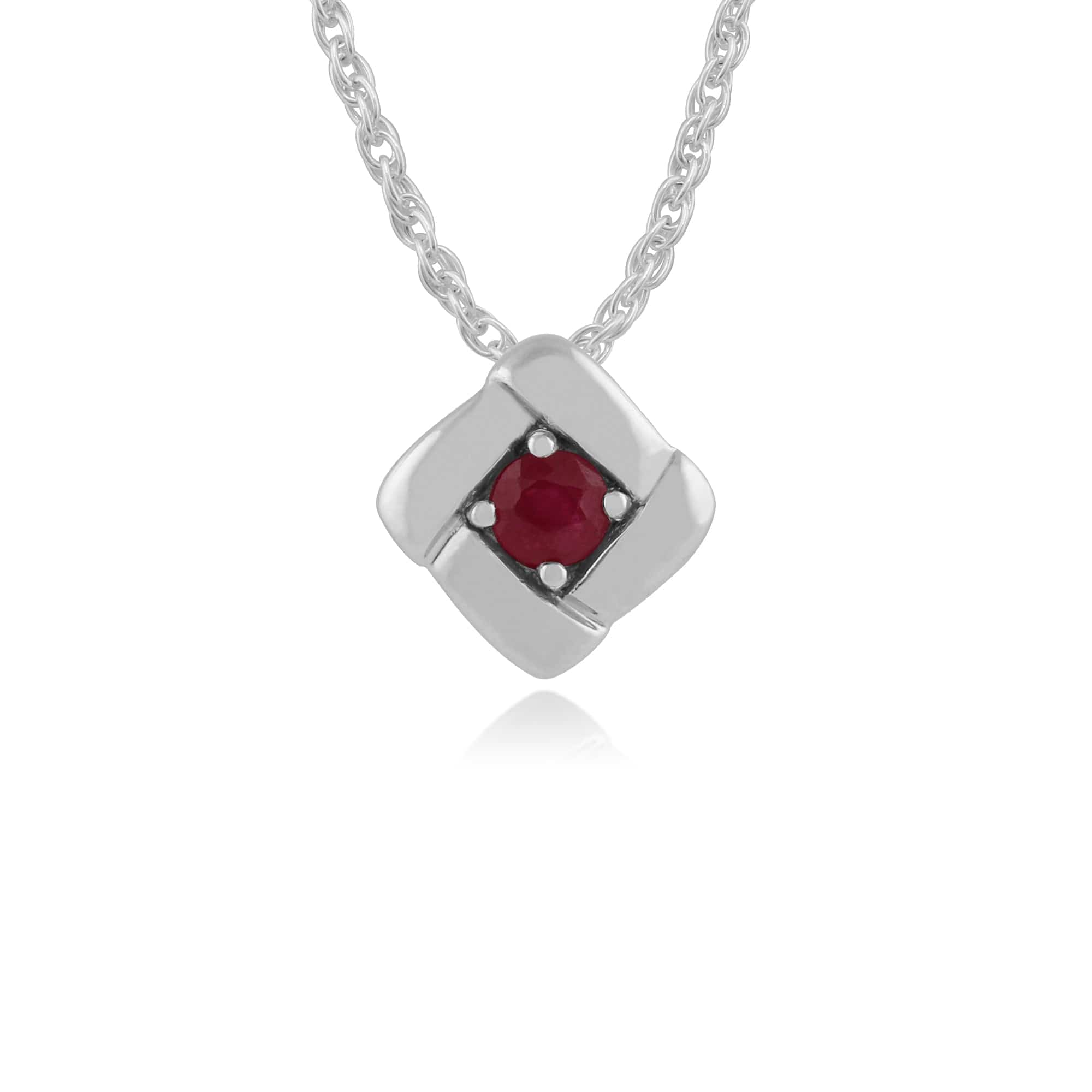 Ruby square crossover pendant in sterling silver
