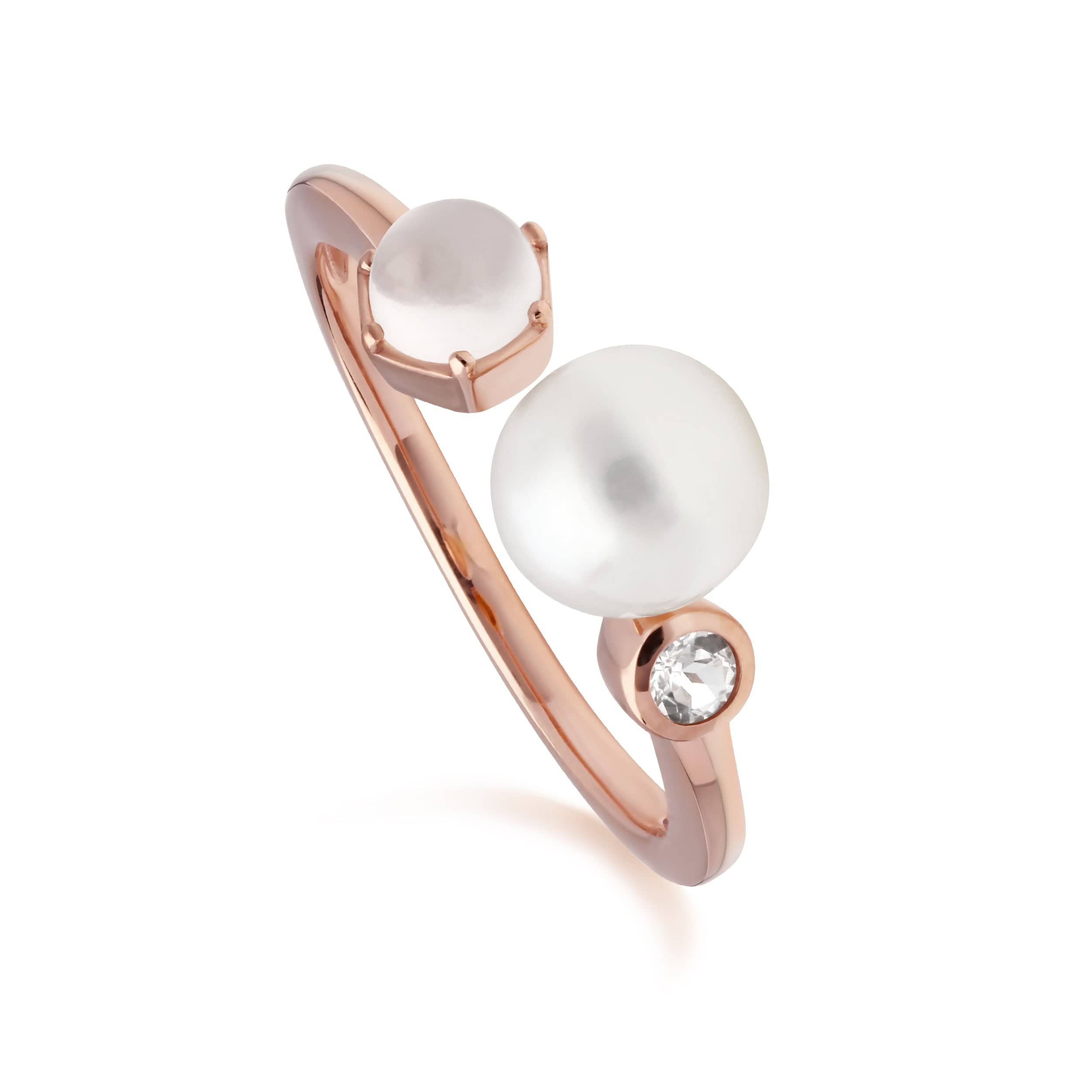 Modern Pearl, Moonstone & White Topaz Open Ring in Rose Gold Plated Silver - Gemondo
