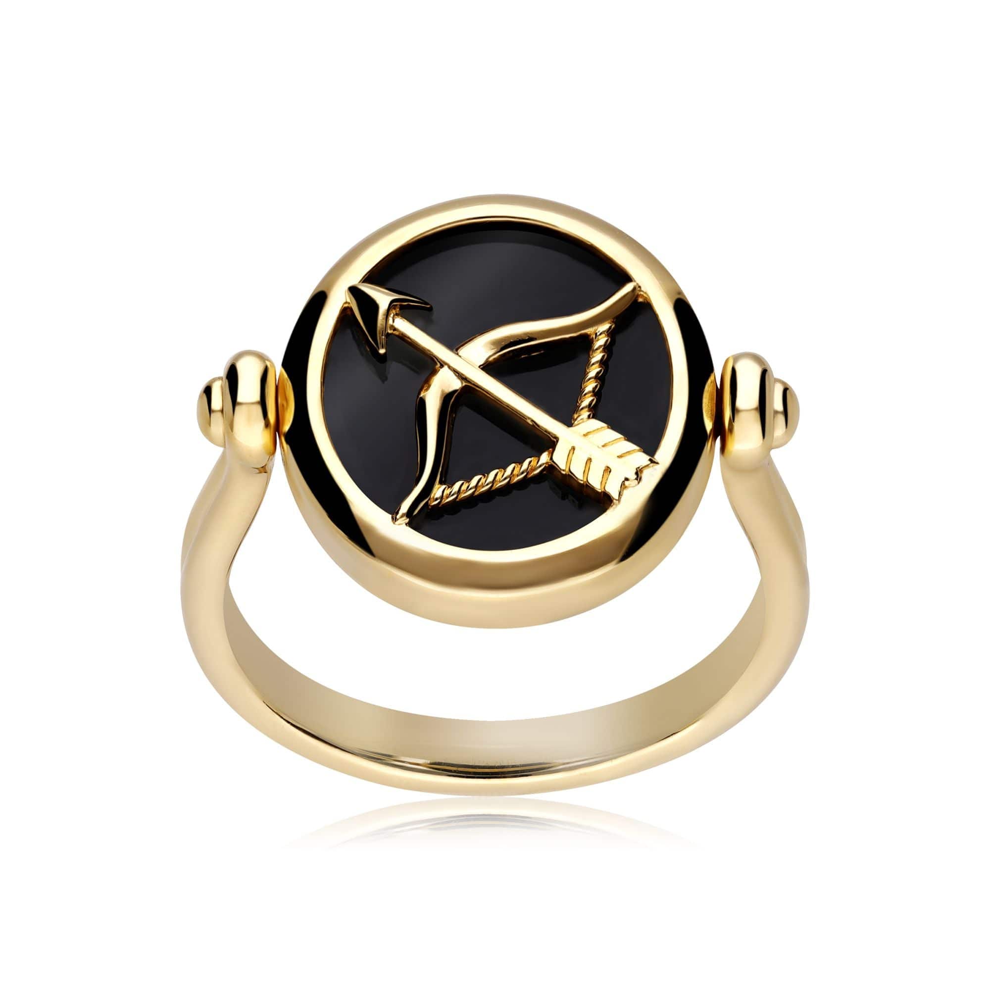 Zodiac Black Onyx Sagittarius Flip Ring in 18ct Gold Plated Silver - Gemondo