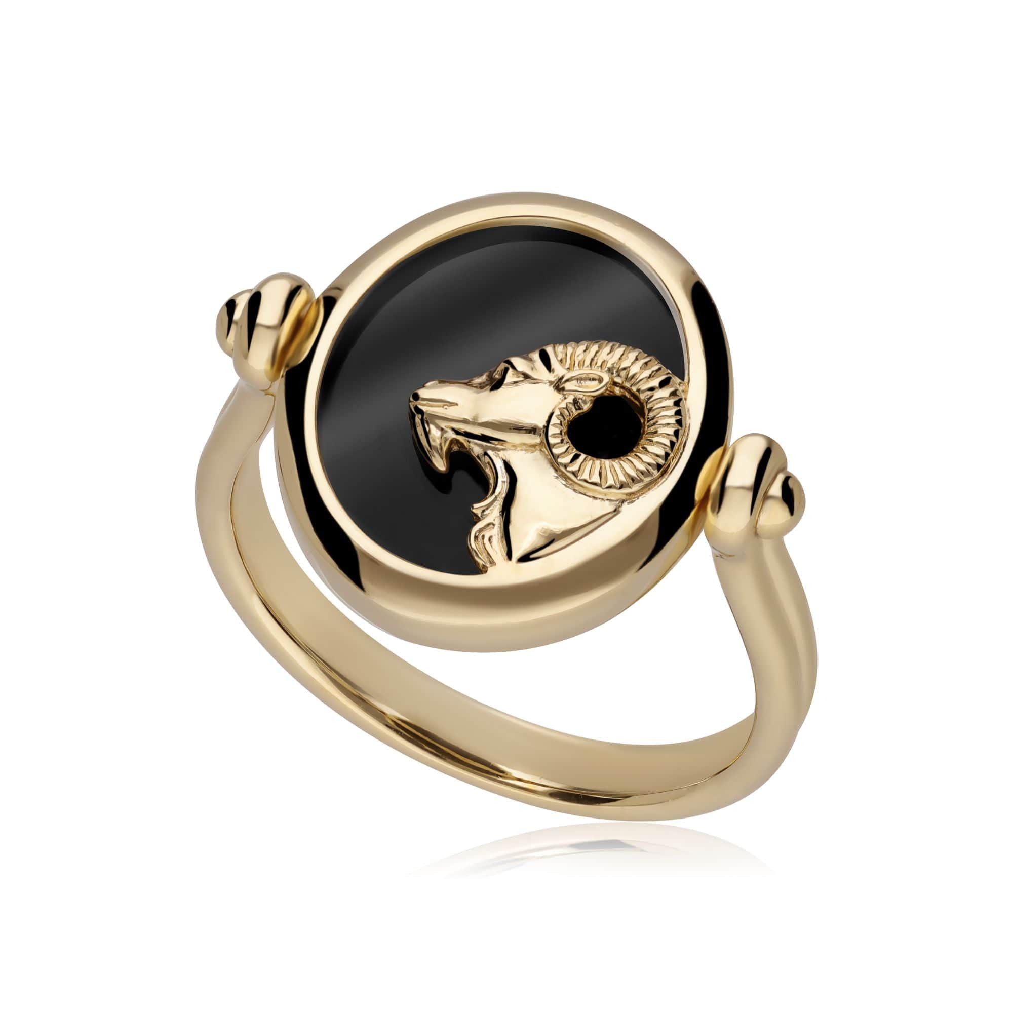 Zodiac Black Onyx Aries Flip Ring in 18ct Gold Plated Silver - Gemondo