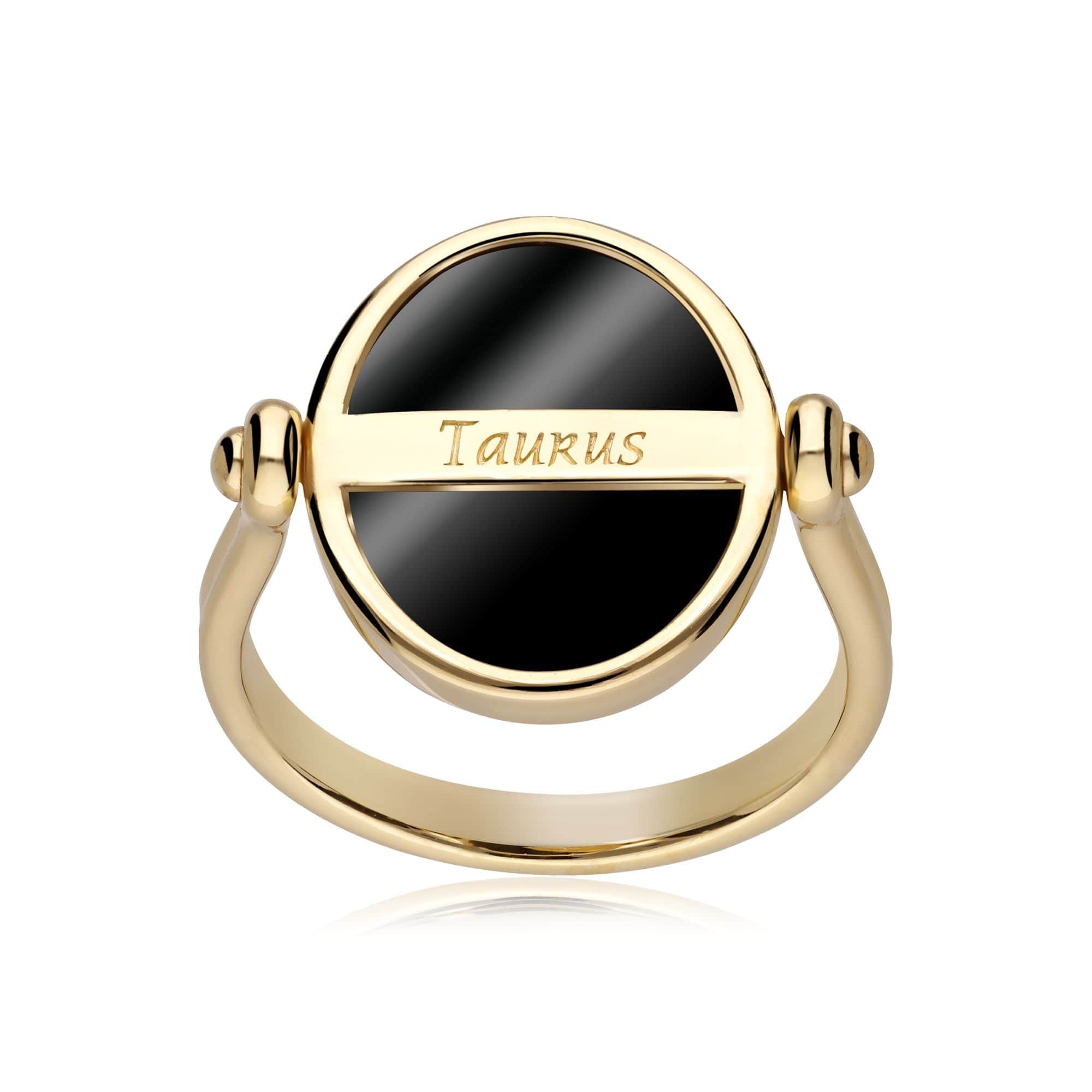 Zodiac Black Onyx Taurus Flip Ring in 18ct Gold Plated Silver - Gemondo