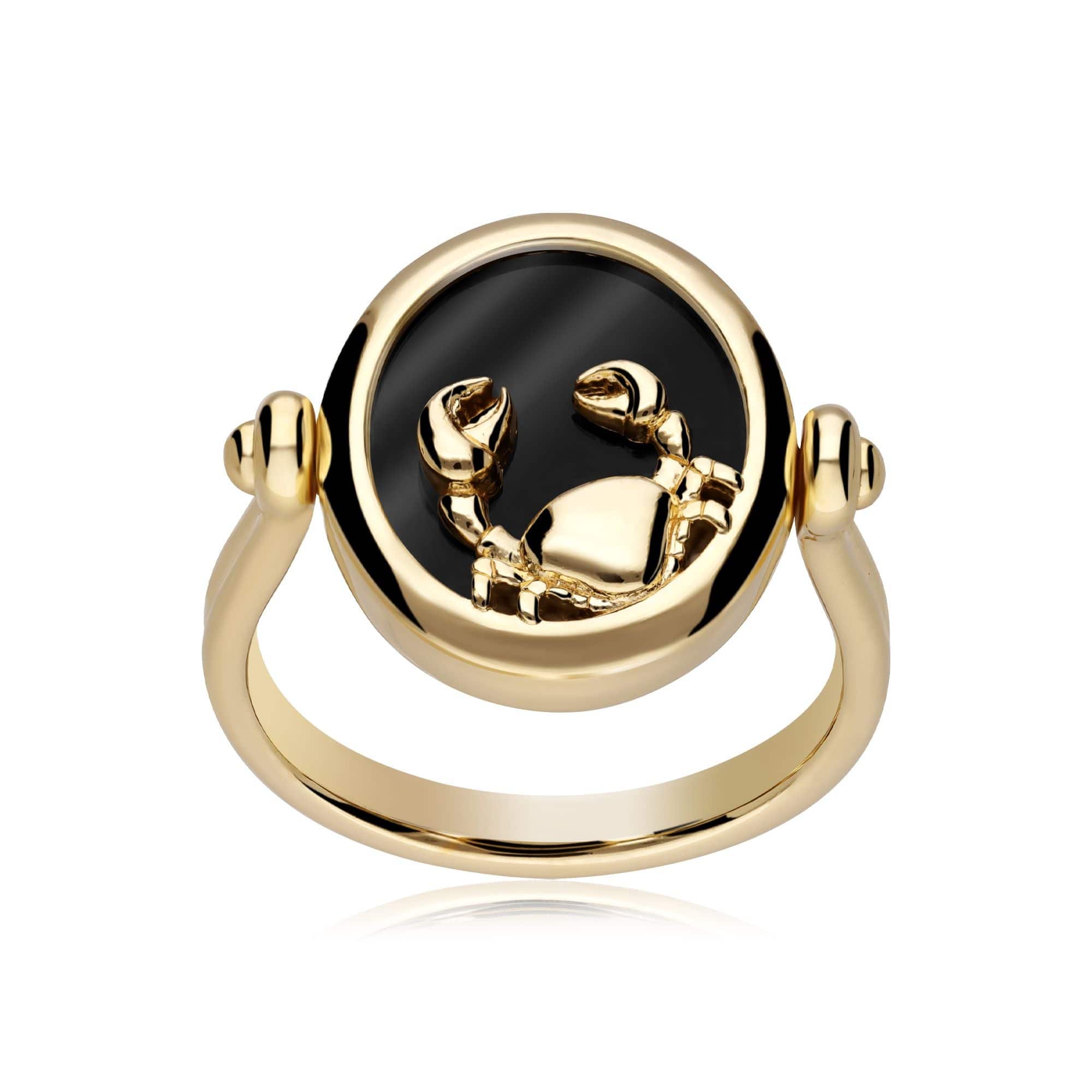 Zodiac Black Onyx Cancer Flip Ring in 18ct Gold Plated Silver - Gemondo