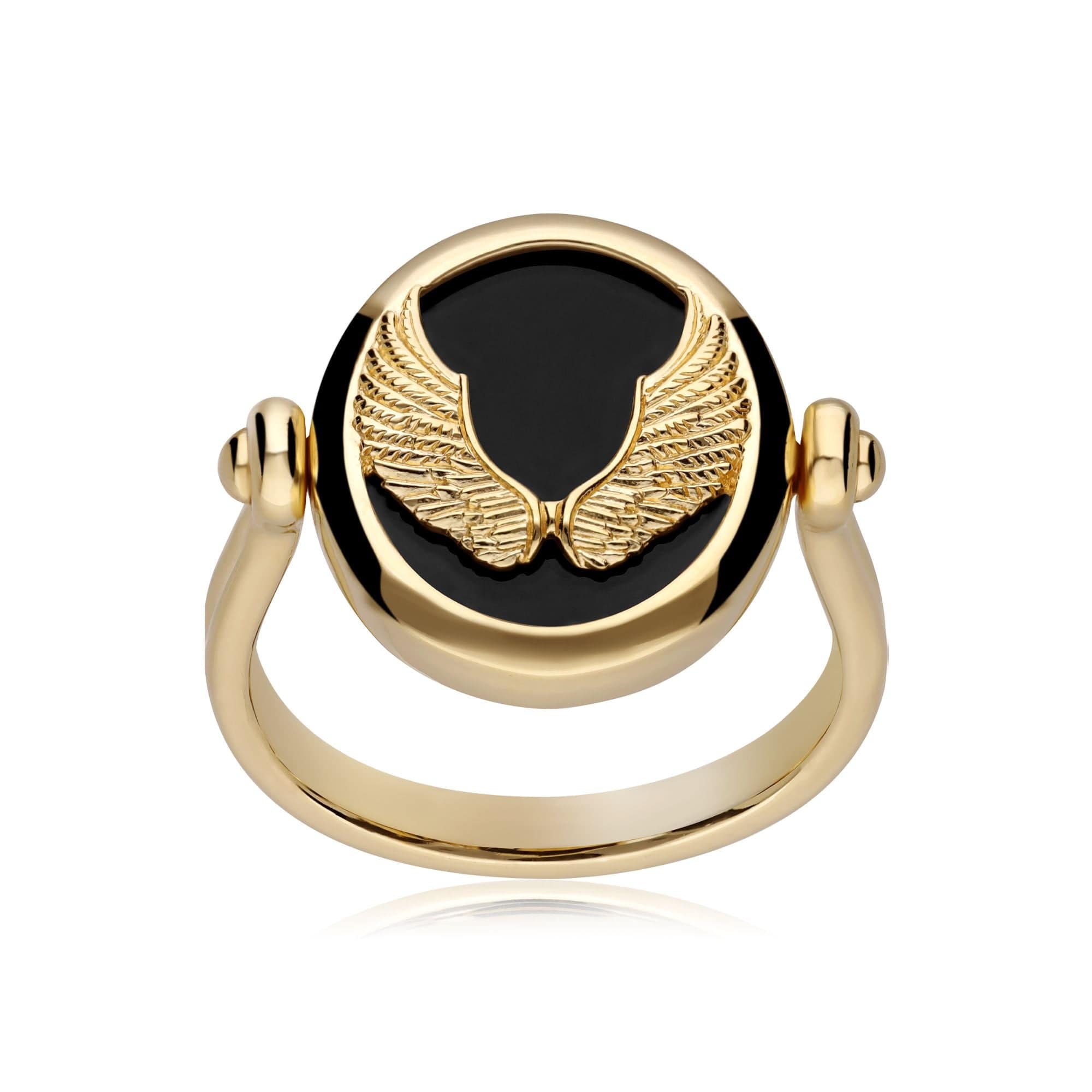 Zodiac Black Onyx Virgo Flip Ring in 18ct Gold Plated Silver - Gemondo