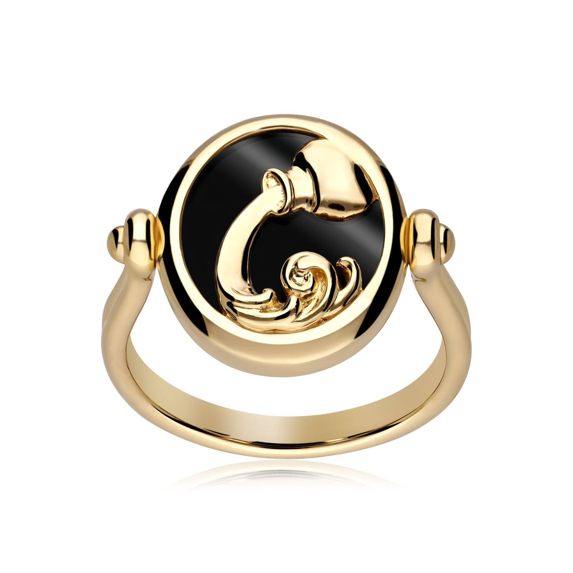 Zodiac Black Onyx Aquarius Flip Ring in 18ct Gold Plated Silver 2