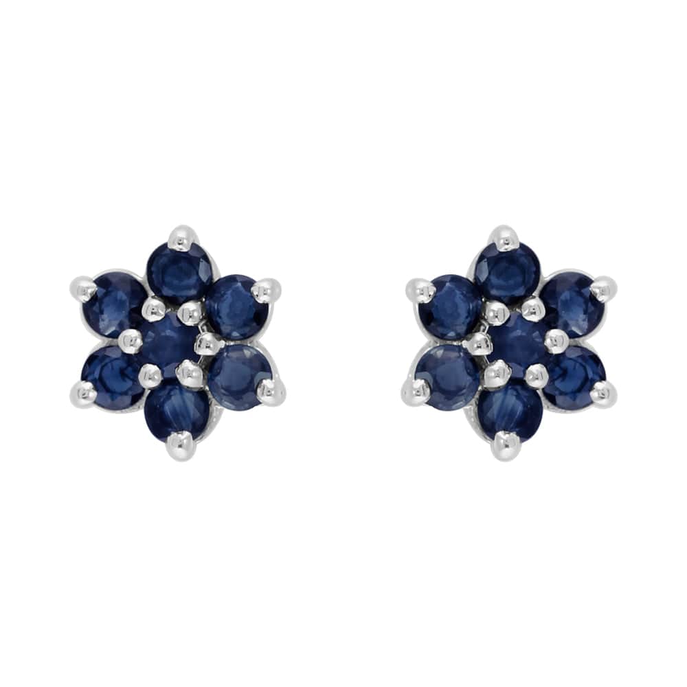 Floral Round Sapphire & Diamond Cluster Stud Earrings in 925 Sterling Silver