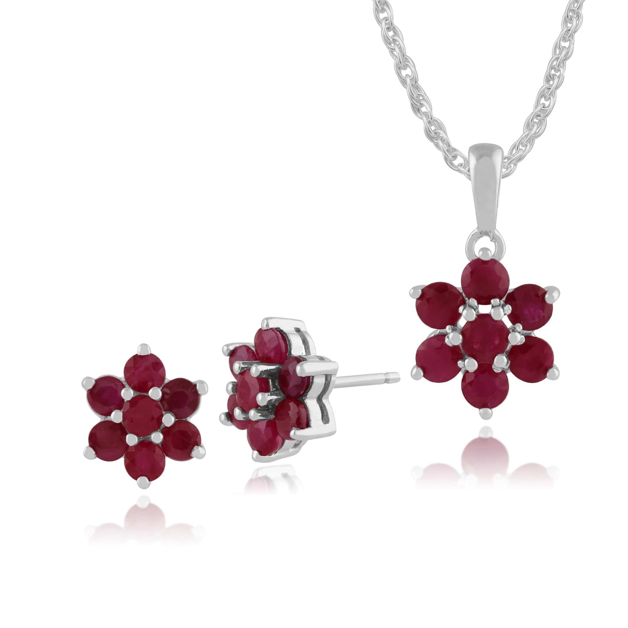 270E014008925-270P0169079 Floral Round Ruby Flower Cluster Stud Earrings & Pendant Set in 925 Sterling Silver 1