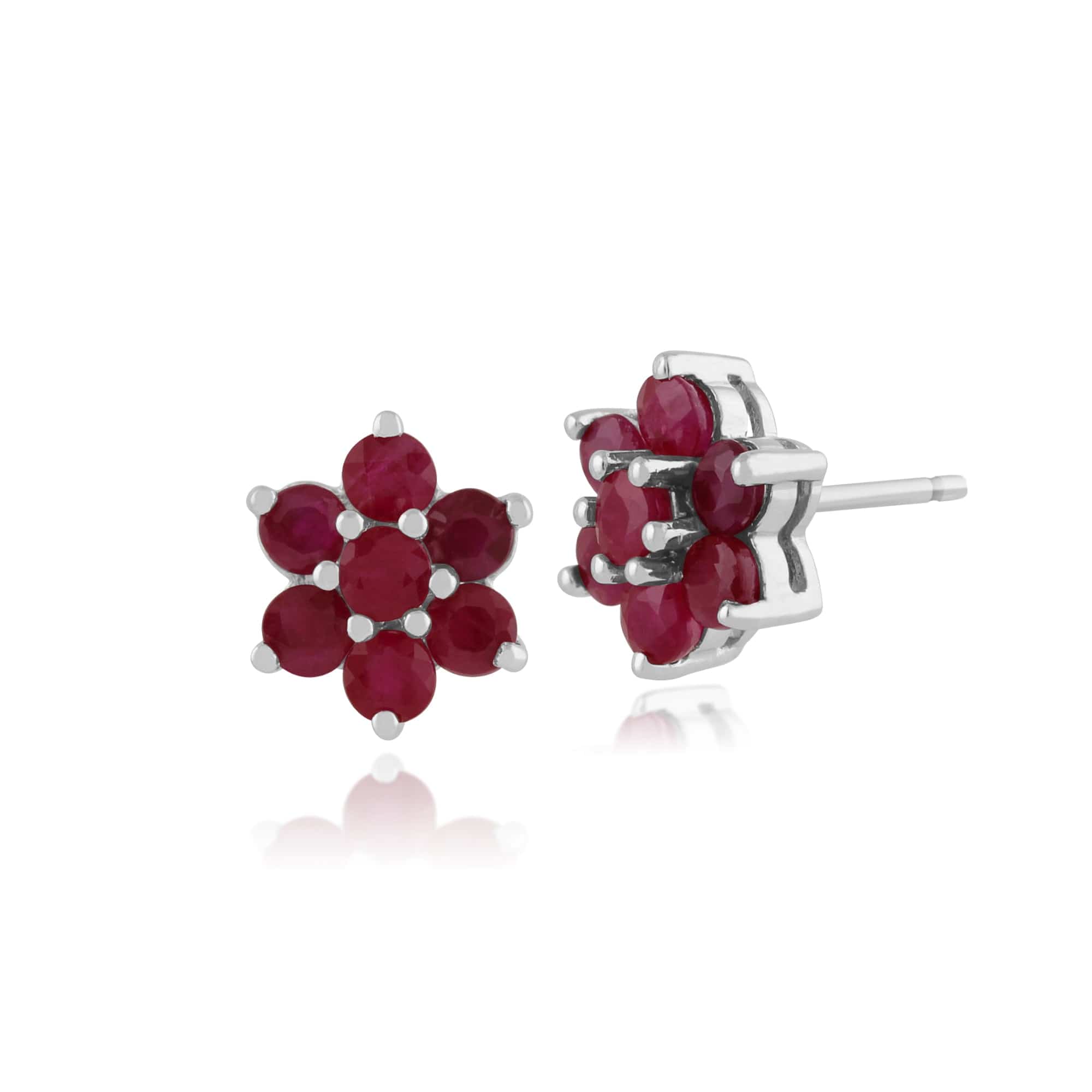 Floral Round Ruby Cluster Stud Earrings in 925 Sterling Silver