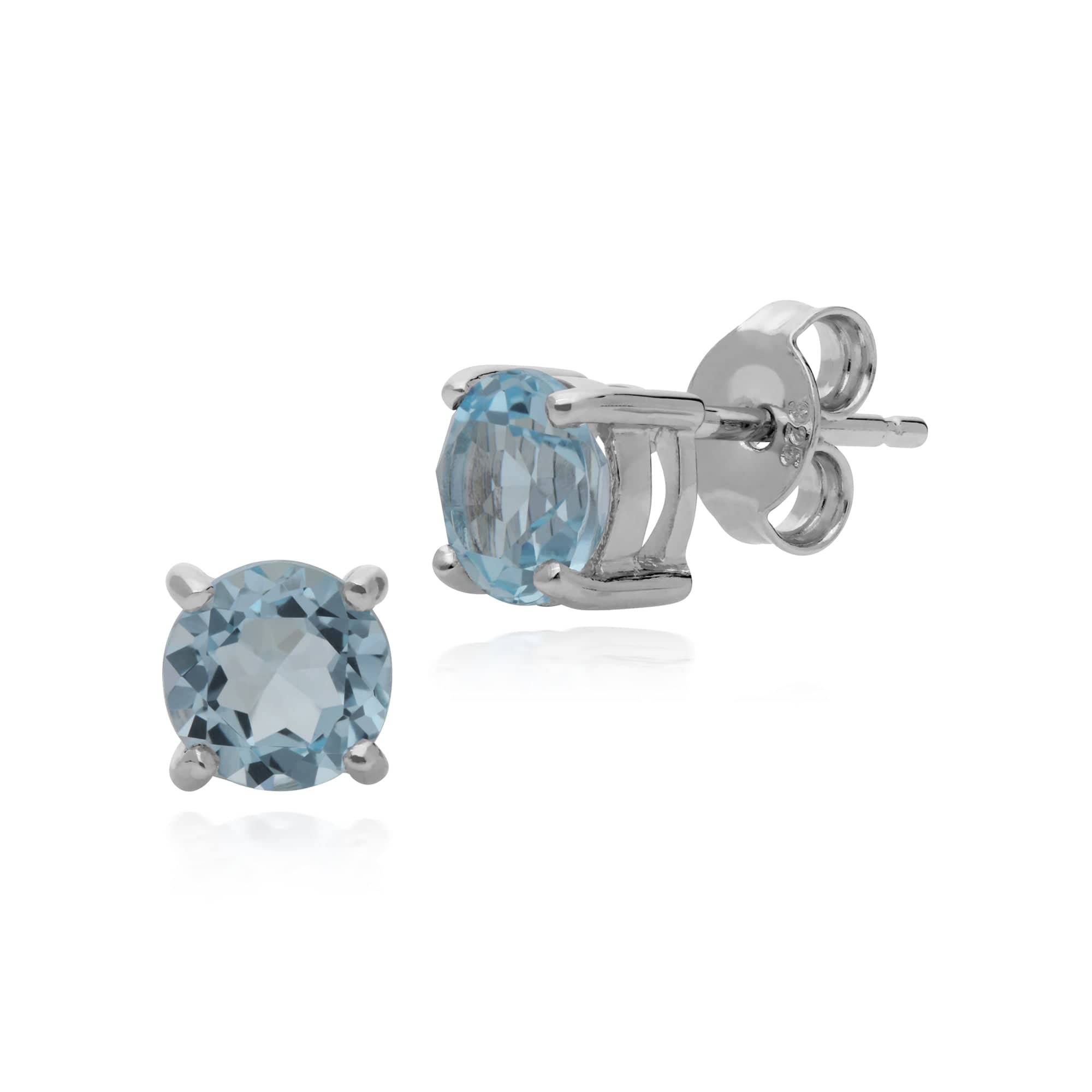 Essential Round Blue Topaz Claw Set Stud Earrings in 925 Sterling Silver - Gemondo