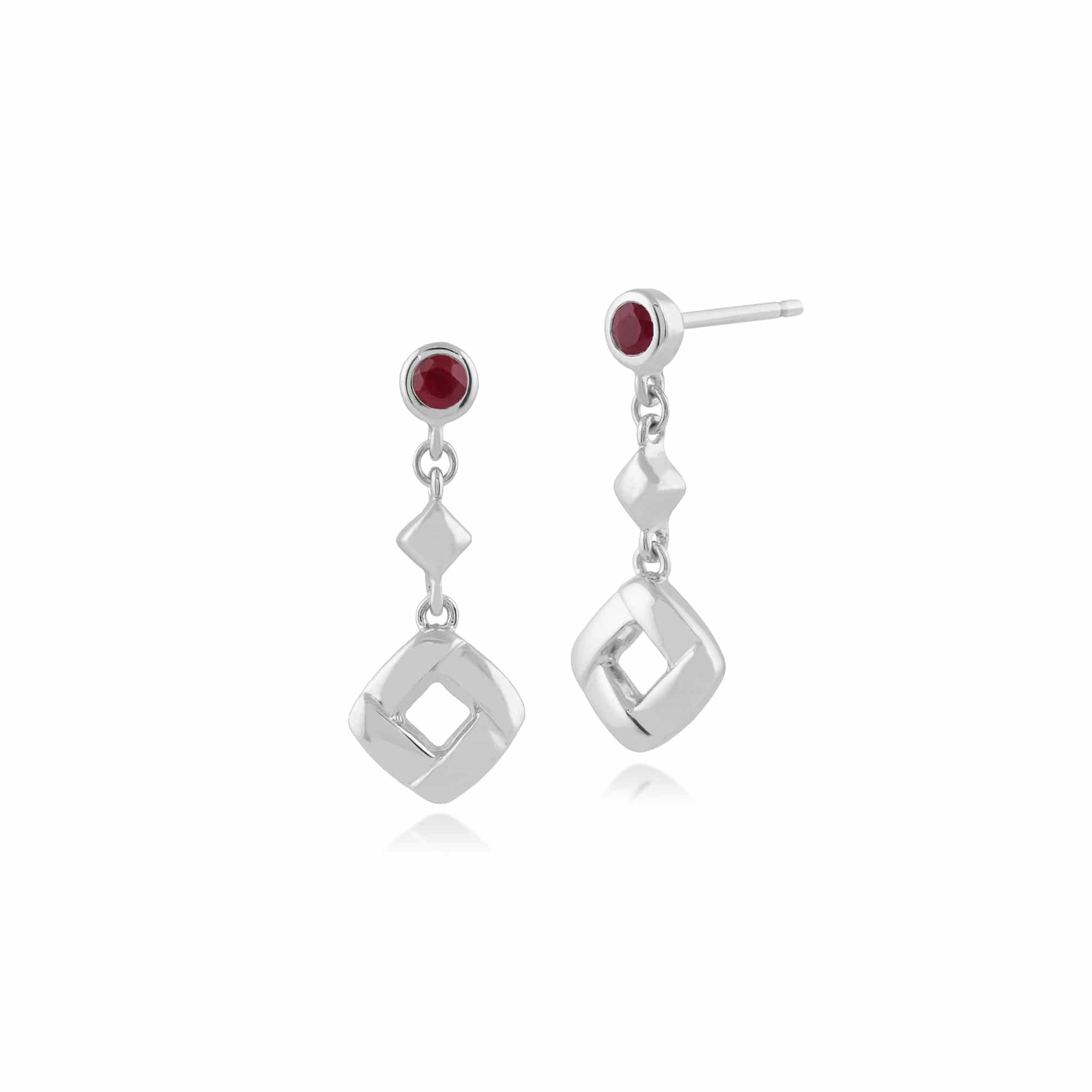Classic Round Ruby Square Crossover Drop Earrings in 925 Sterling Silver - Gemondo