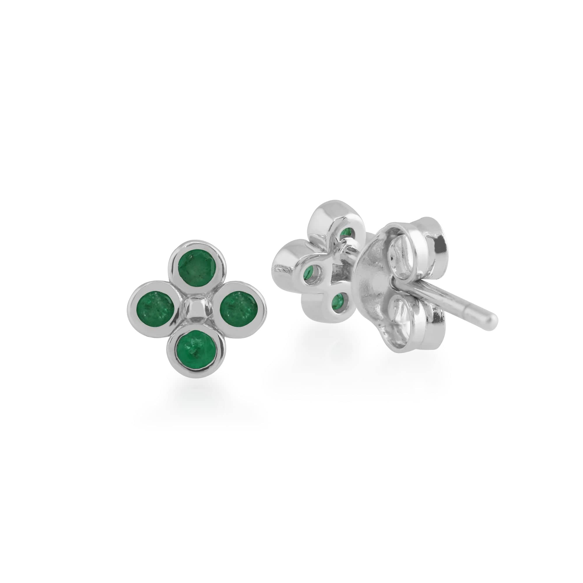 Floral Round Emerald Bezel Set Clover Stud Earrings in 925 Sterling Silver - Gemondo