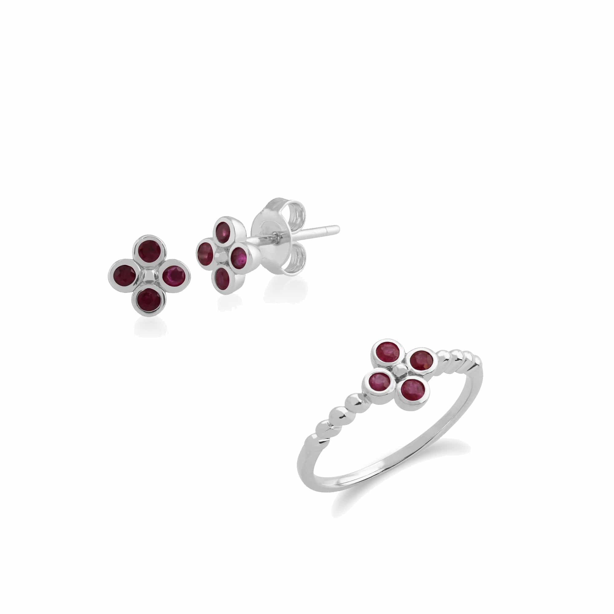 Floral Round Ruby Clover Stud Earrings & Ring Set in 925 Sterling Silver - Gemondo