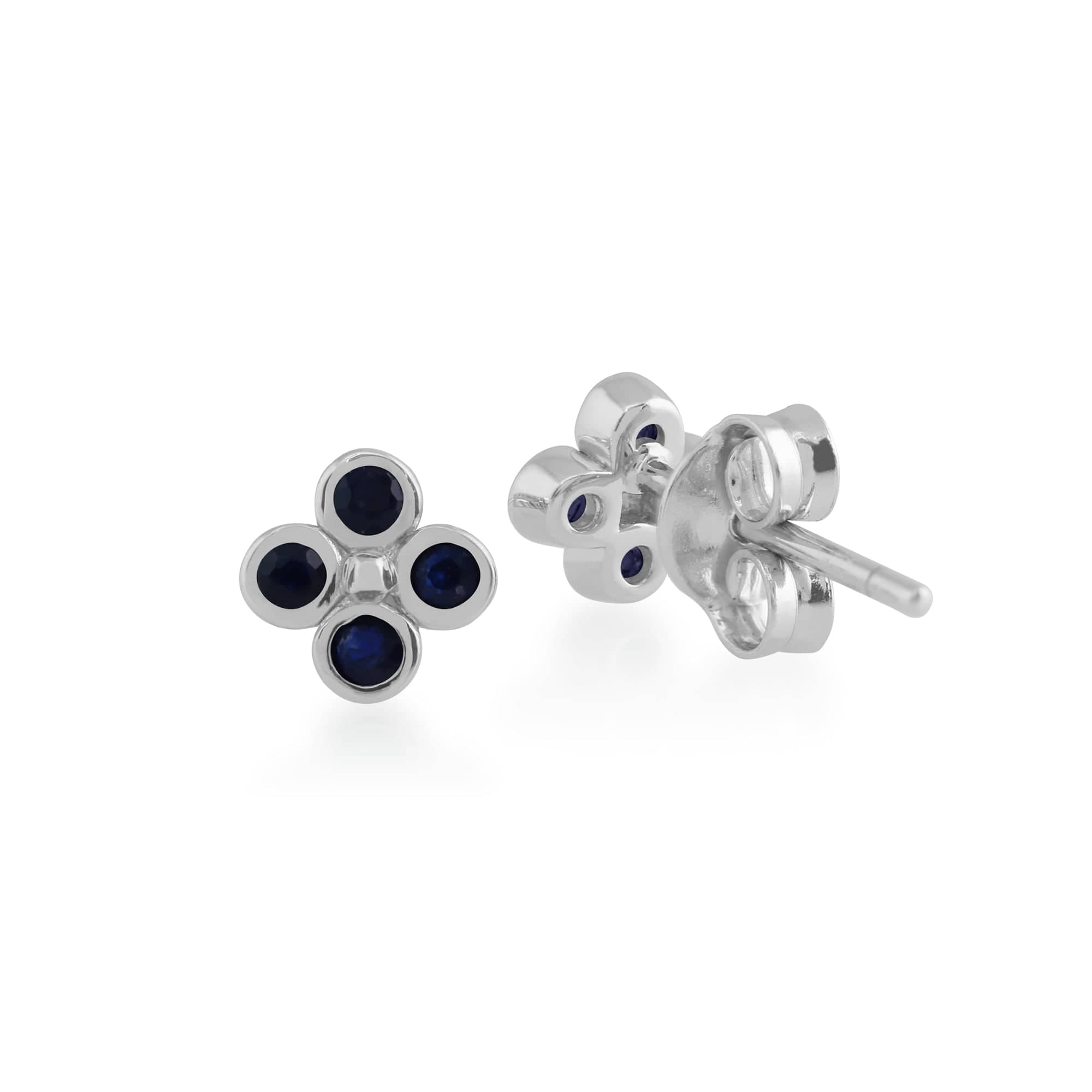 Floral Round Sapphire Bezel Set Clover Stud Earrings in 925 Sterling Silver Back