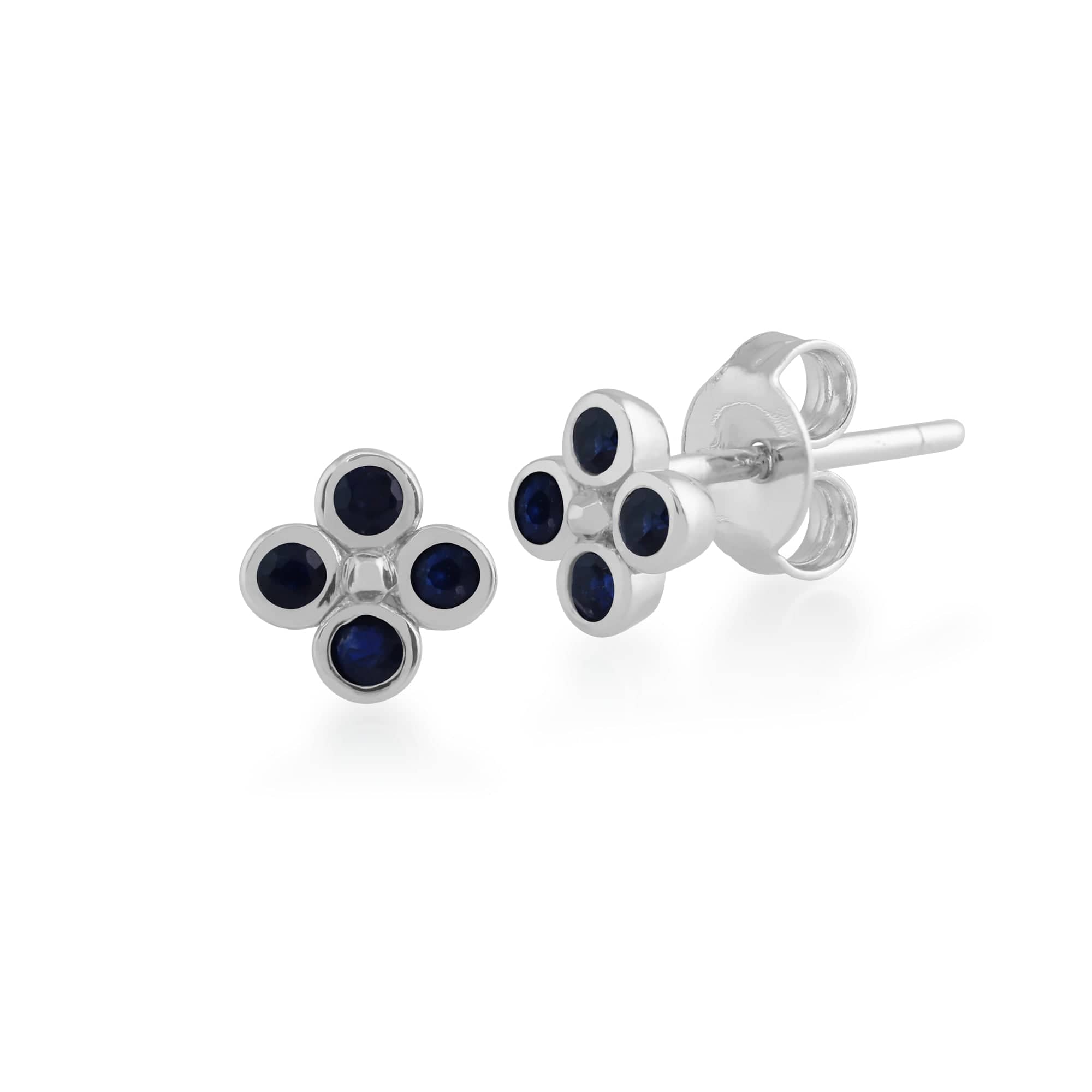 Floral Round Sapphire Bezel Set Clover Stud Earrings in 925 Sterling Silver