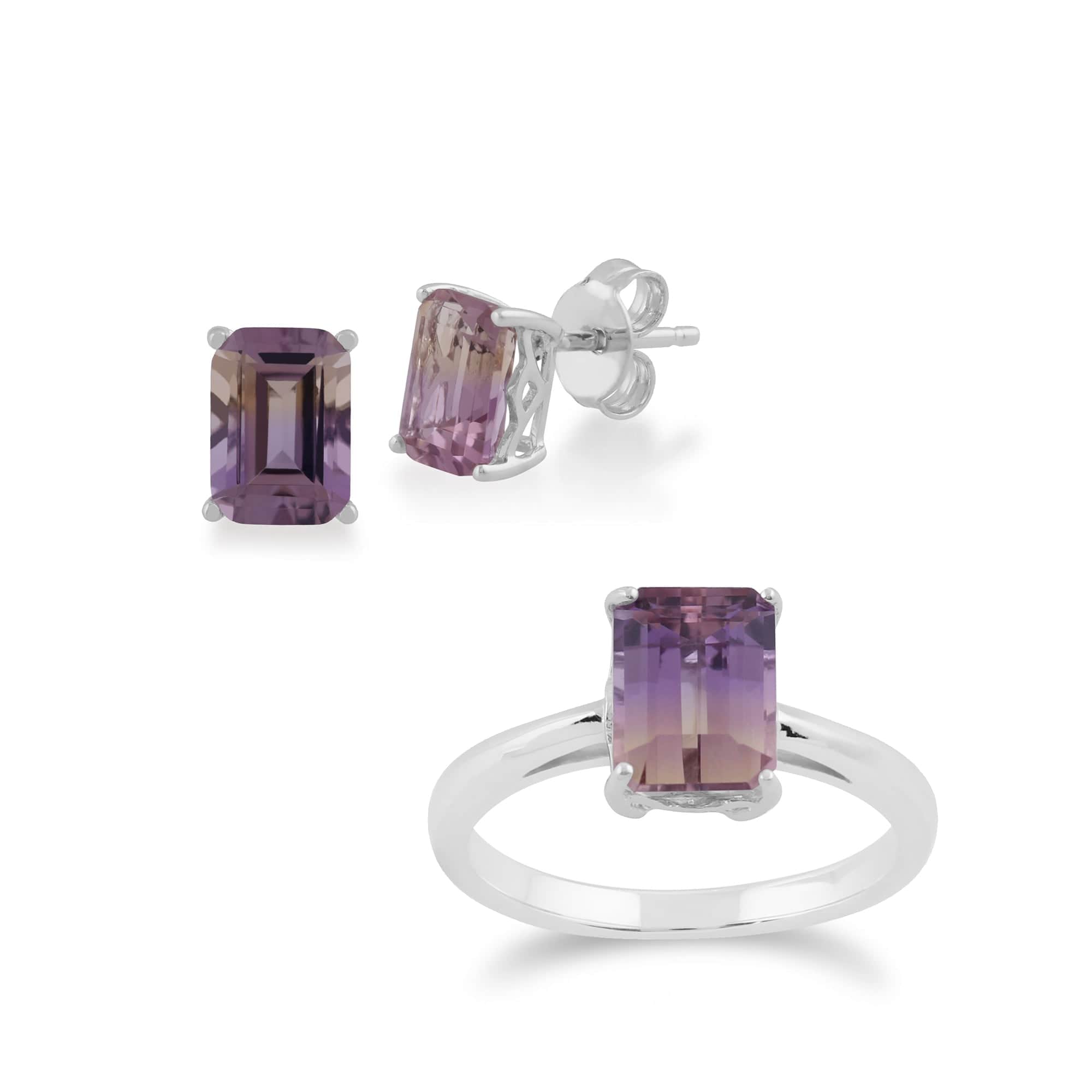 270E022502925-270R052802925 Classic Baguette Ametrine Claw Set Stud Earrings & Ring Set in 925 Sterling Silver 1