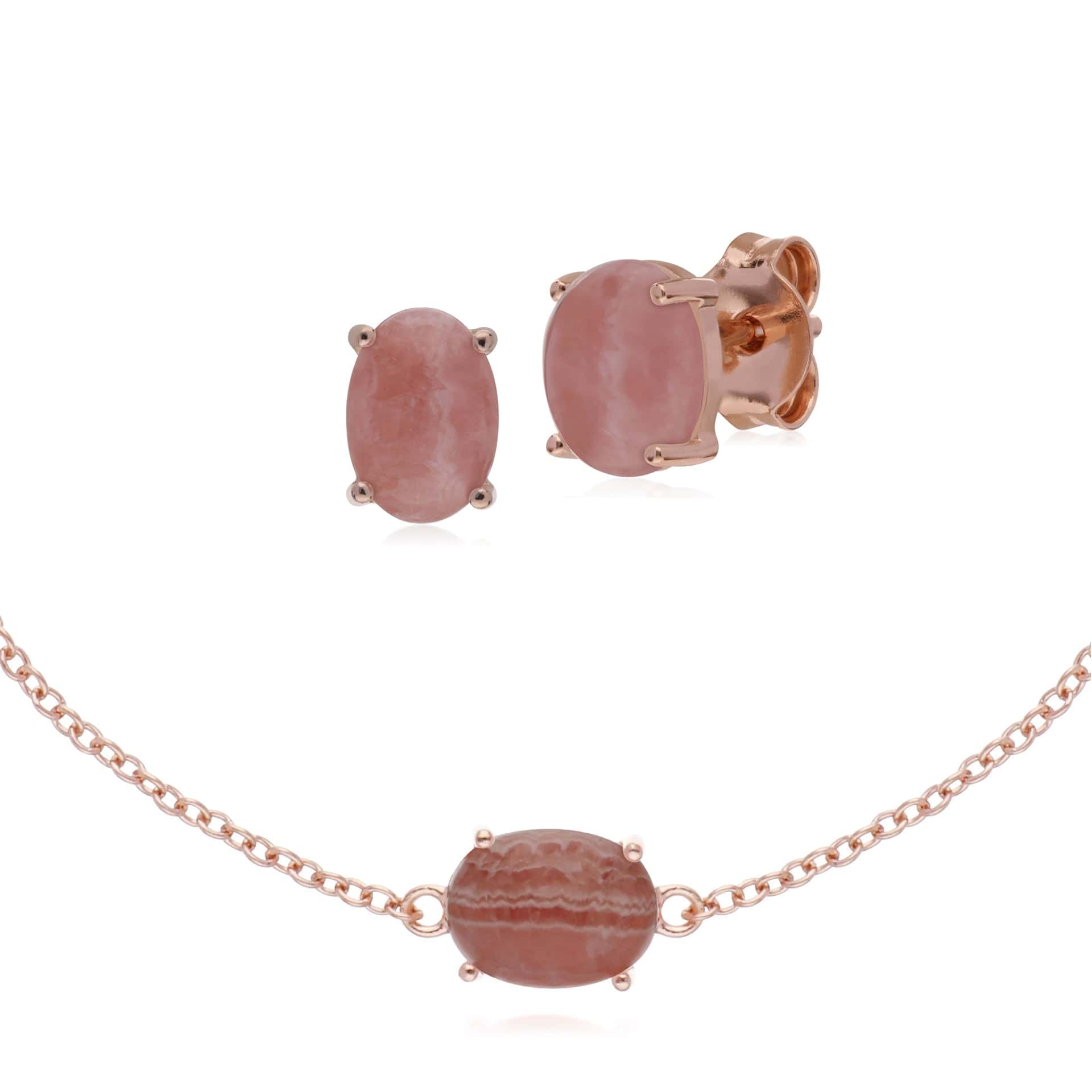 270E024004925-270L010704925 Classic Oval Rhodochrosite Stud Earrings & Bracelet Set in Rose Gold Plated 925 Sterling Silver 1