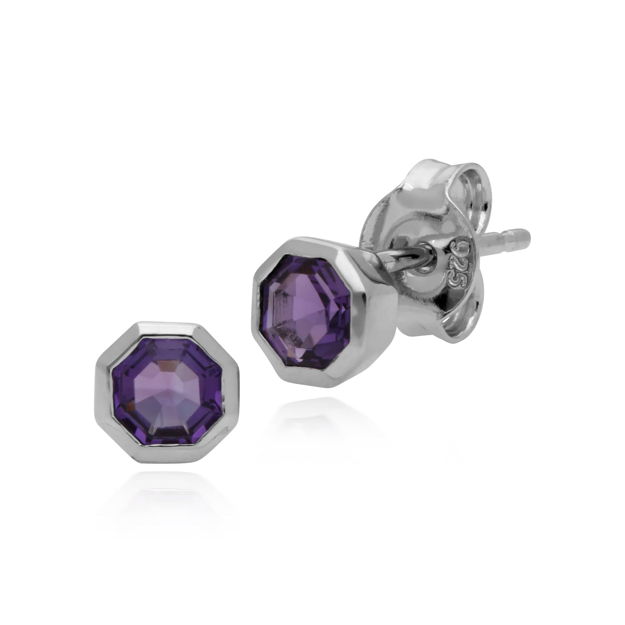 Geometric Octagon Amethyst Silver Stud  Earrings - Gemondo