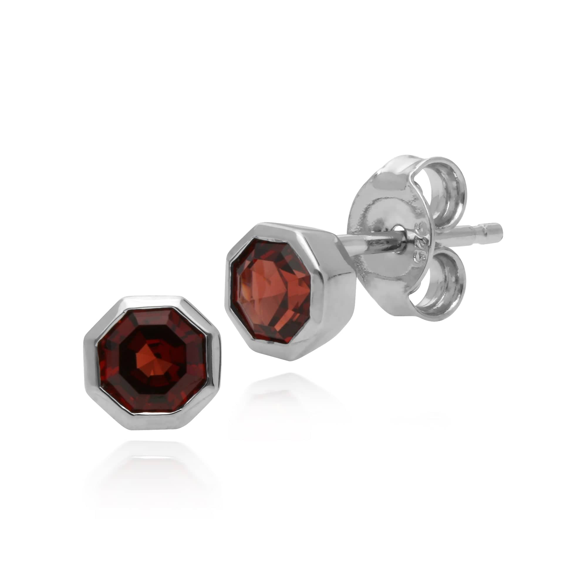 Geometric Octagon Garnet Bezel Set Stud Earrings in 925 Silver - Gemondo