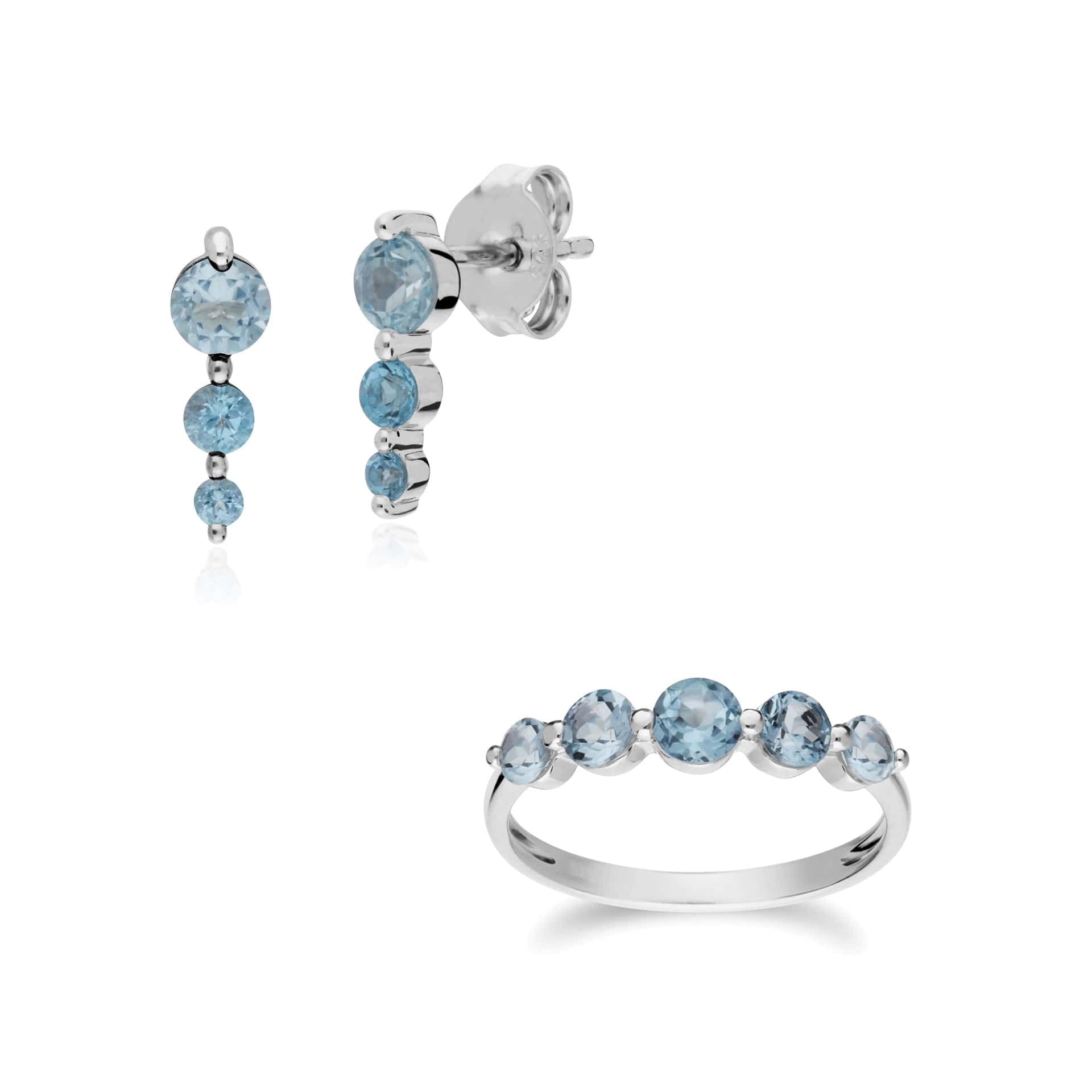 270E025501925-270R055901925 Classic Round Blue Topaz Three Stone Gradient Earrings & Five Stone Ring Set in 925 Sterling Silver 1