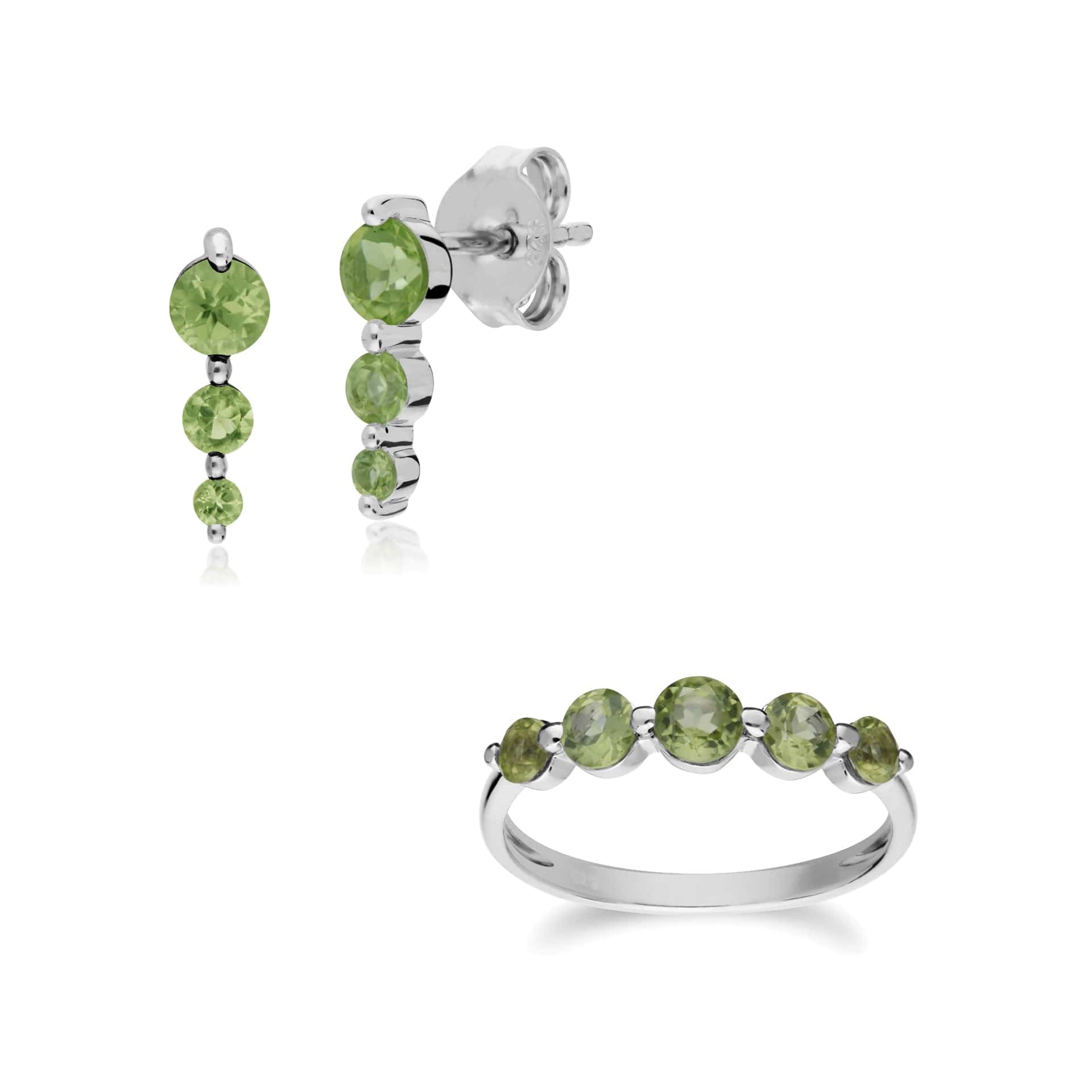 270E025504925-270R055904925 Classic Round Peridot Three Stone Gradient Earrings & Five Stone Ring Set in 925 Sterling Silver 1