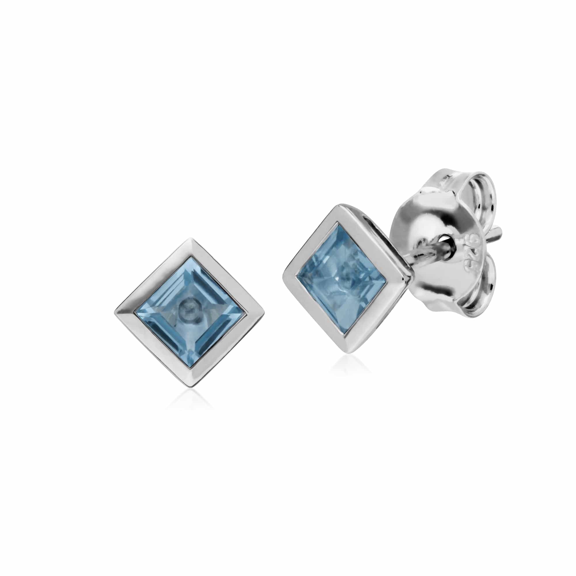 Classic Square Blue Topaz Bezel Stud Earrings in 925 Sterling Silver - Gemondo