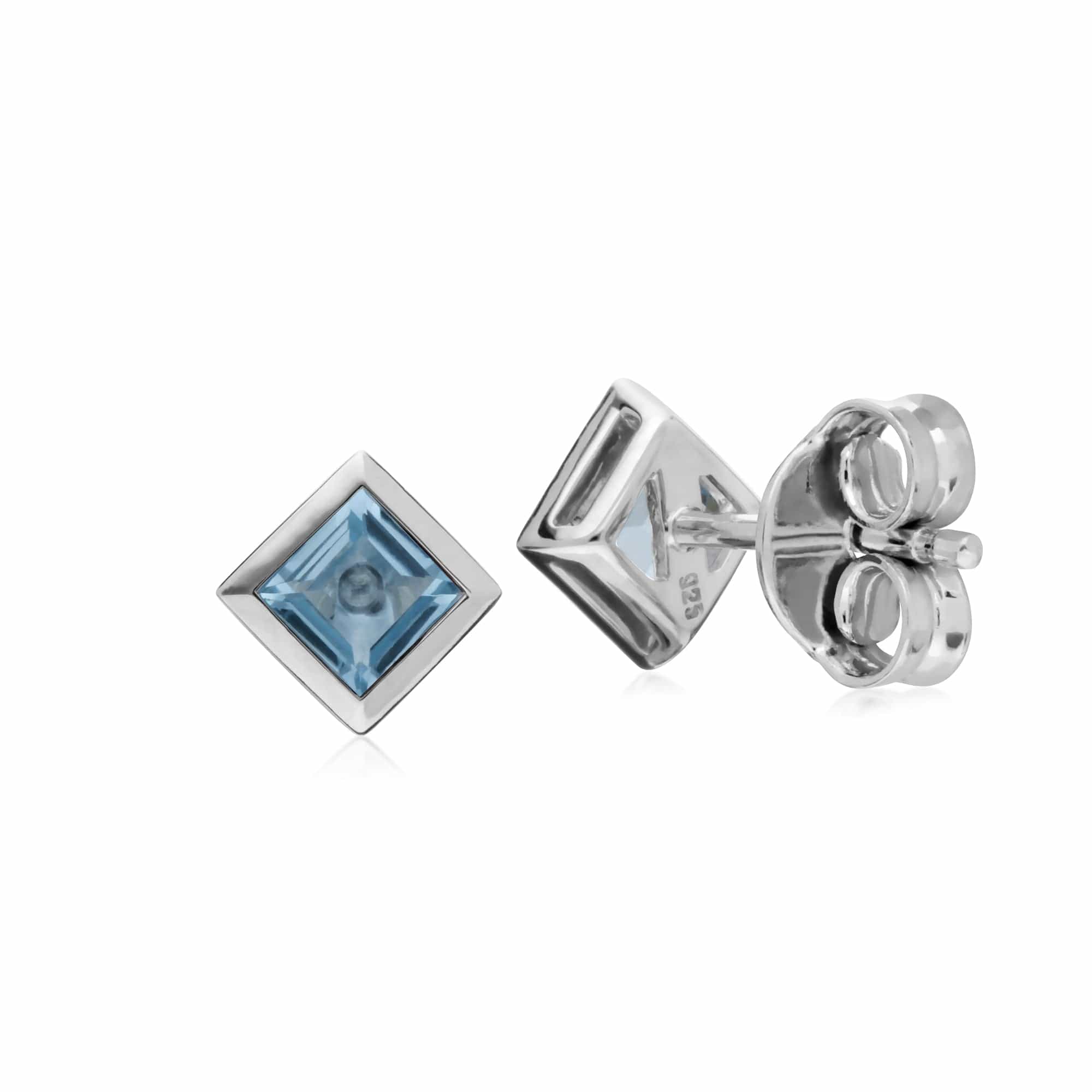Classic Square Blue Topaz Bezel Stud Earrings in 925 Sterling Silver - Gemondo