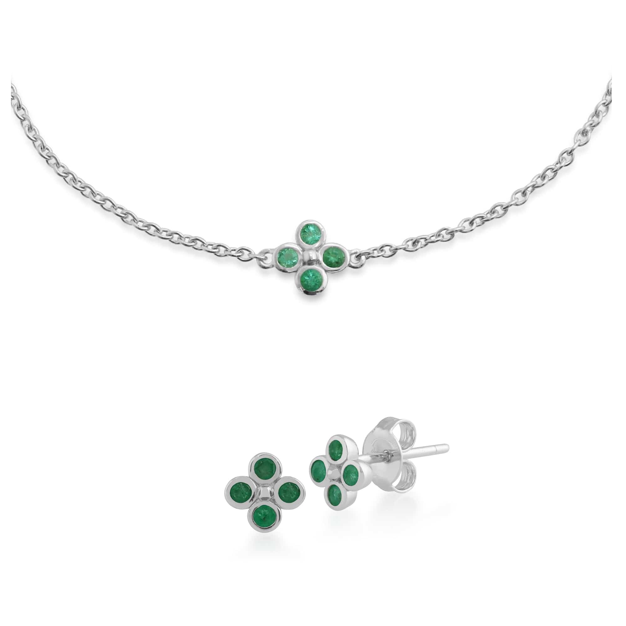 Floral Round Emerald Clover Stud Earrings & Bracelet Set in 925 Sterling Silver - Gemondo